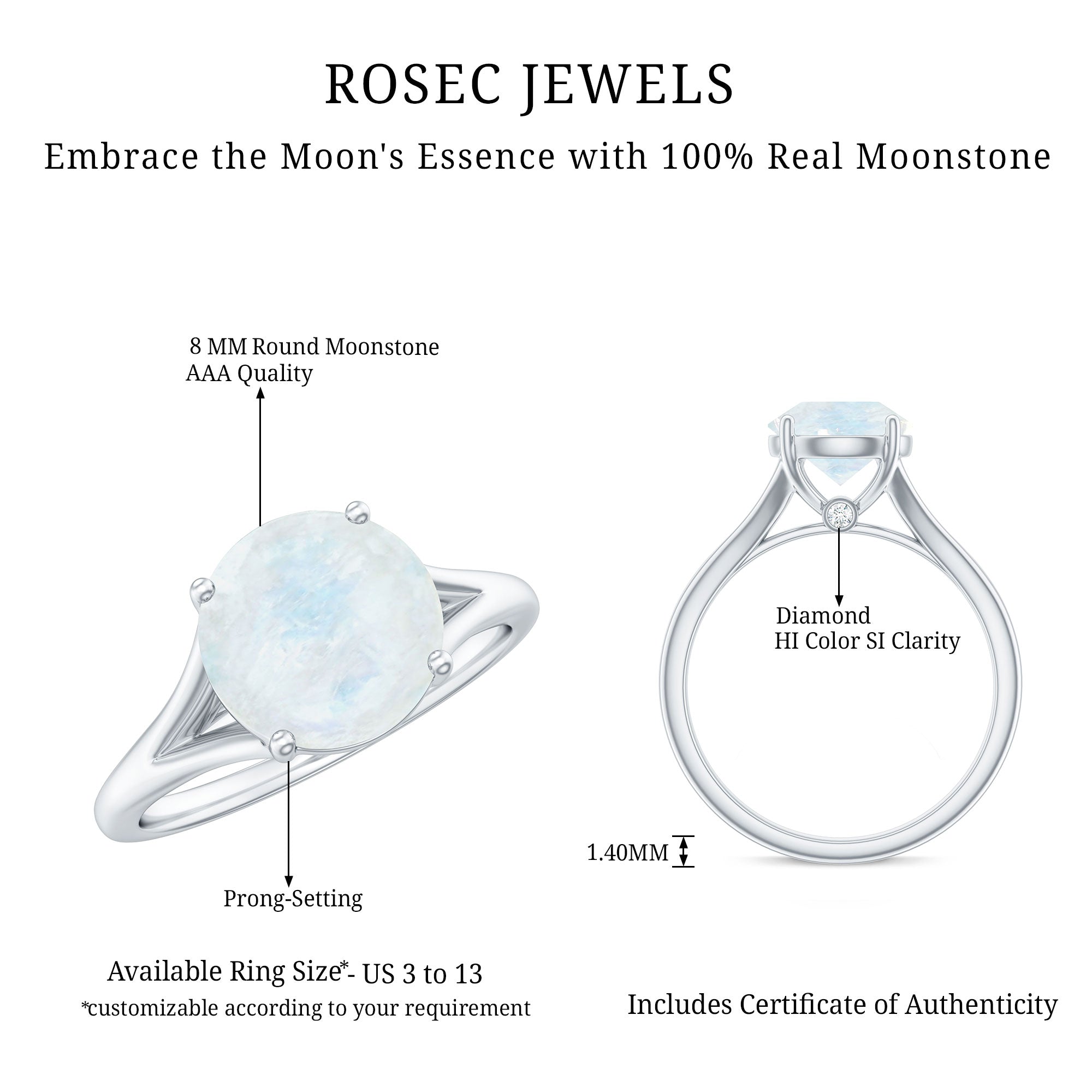 1 CT Natural Moonstone Solitaire Ring with Surprise Diamond AAA - Rosec Jewels