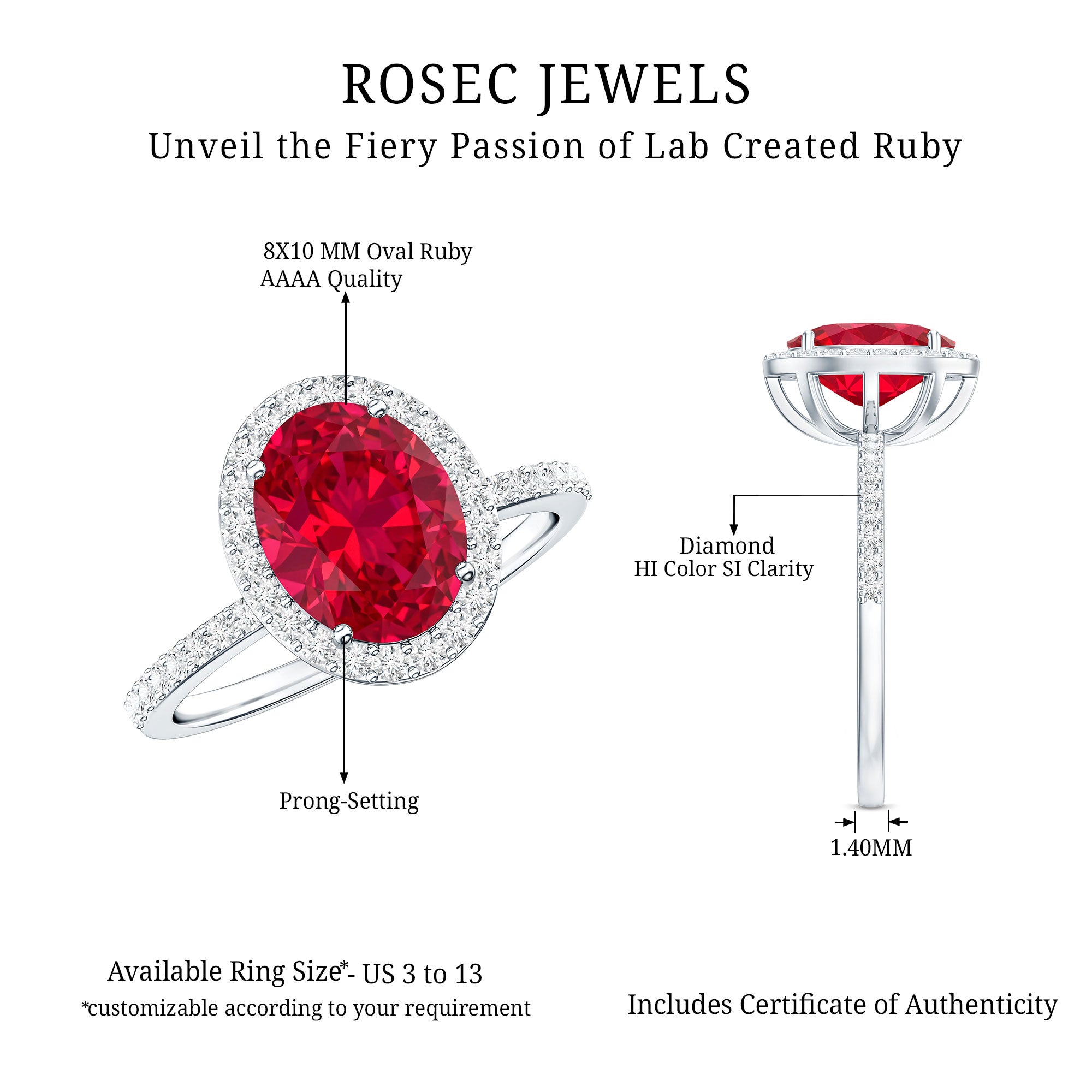 Classic Lab Grown Ruby Oval Engagement Ring with Diamond Halo AAAA - Rosec Jewels