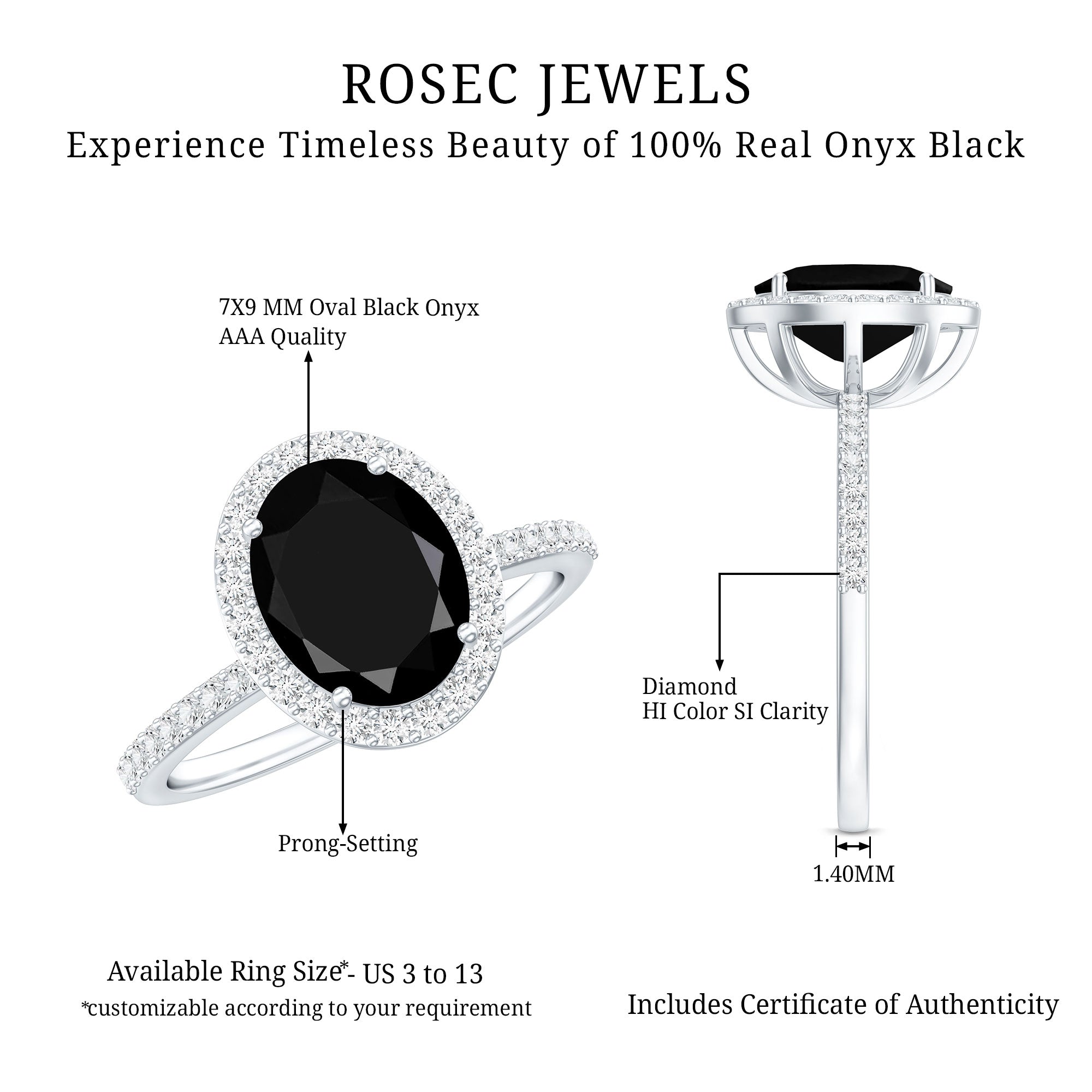 7X9mm Oval Cut Black Onyx Diamond Engagement Ring with Certificate AAA - Rosec Jewels