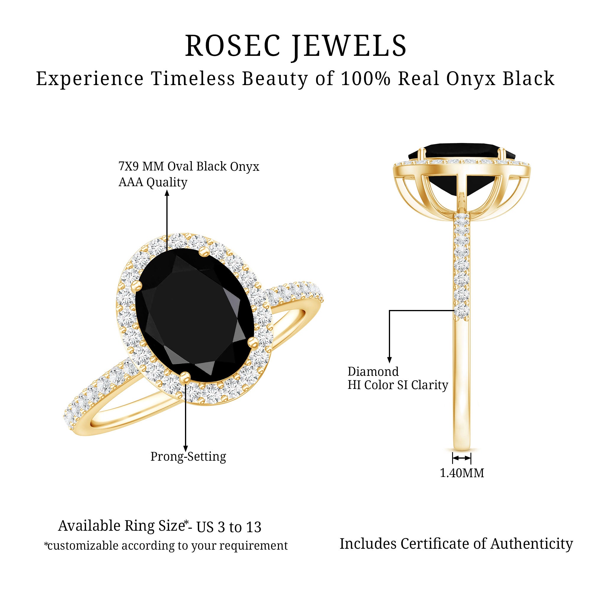 7X9mm Oval Cut Black Onyx Diamond Engagement Ring with Certificate AAA - Rosec Jewels