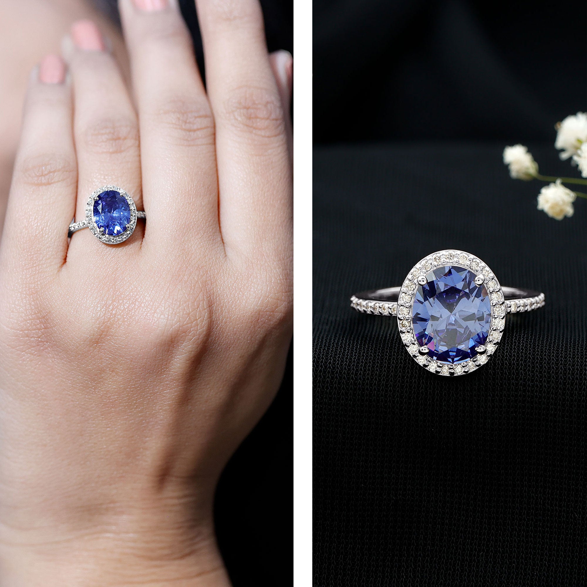 4 Carat Lab Grown Blue Sapphire Oval Engagement Ring with Diamond Halo AAAA - Rosec Jewels