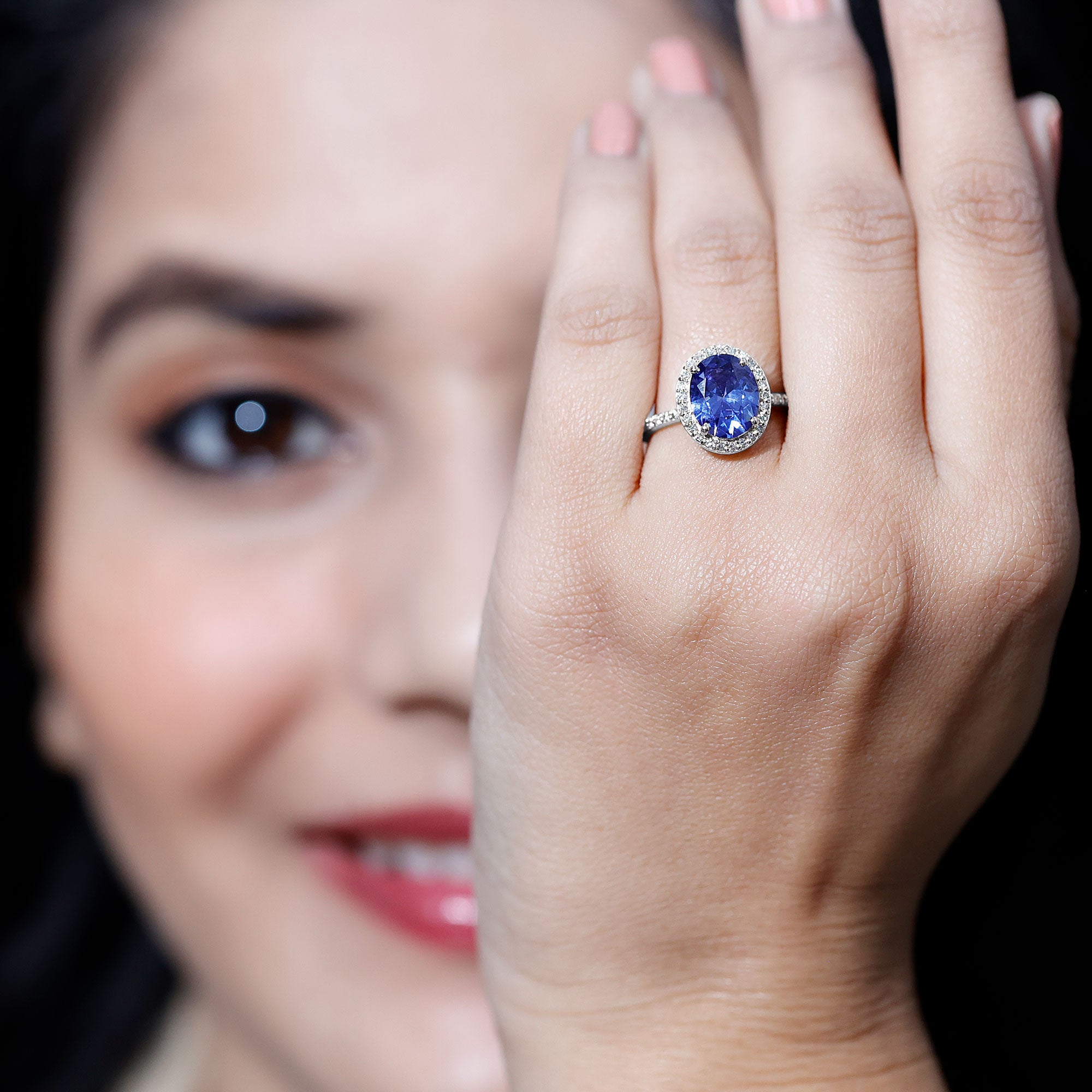 4 Carat Lab Grown Blue Sapphire Oval Engagement Ring with Diamond Halo AAAA - Rosec Jewels