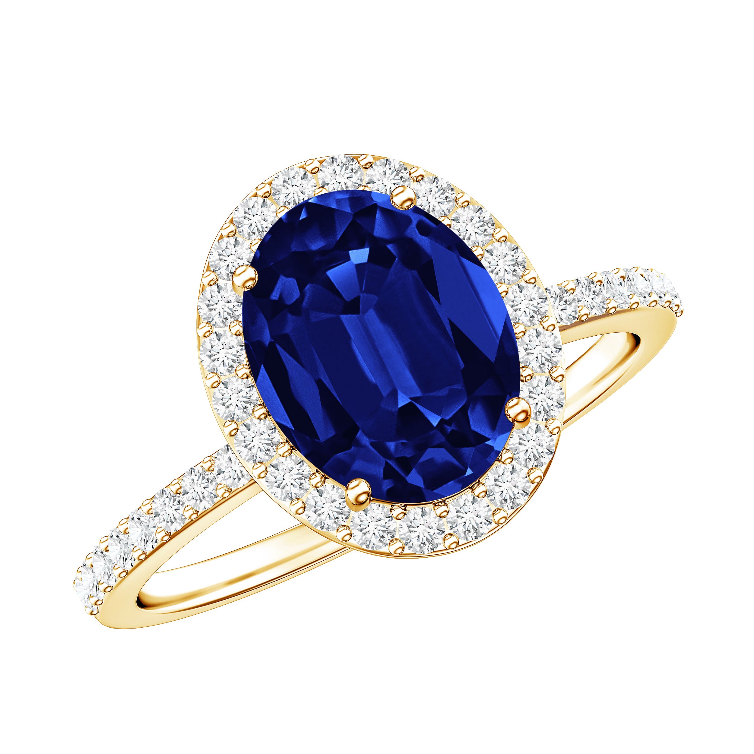 4 Carat Lab Grown Blue Sapphire Oval Engagement Ring with Diamond Halo AAAA - Rosec Jewels