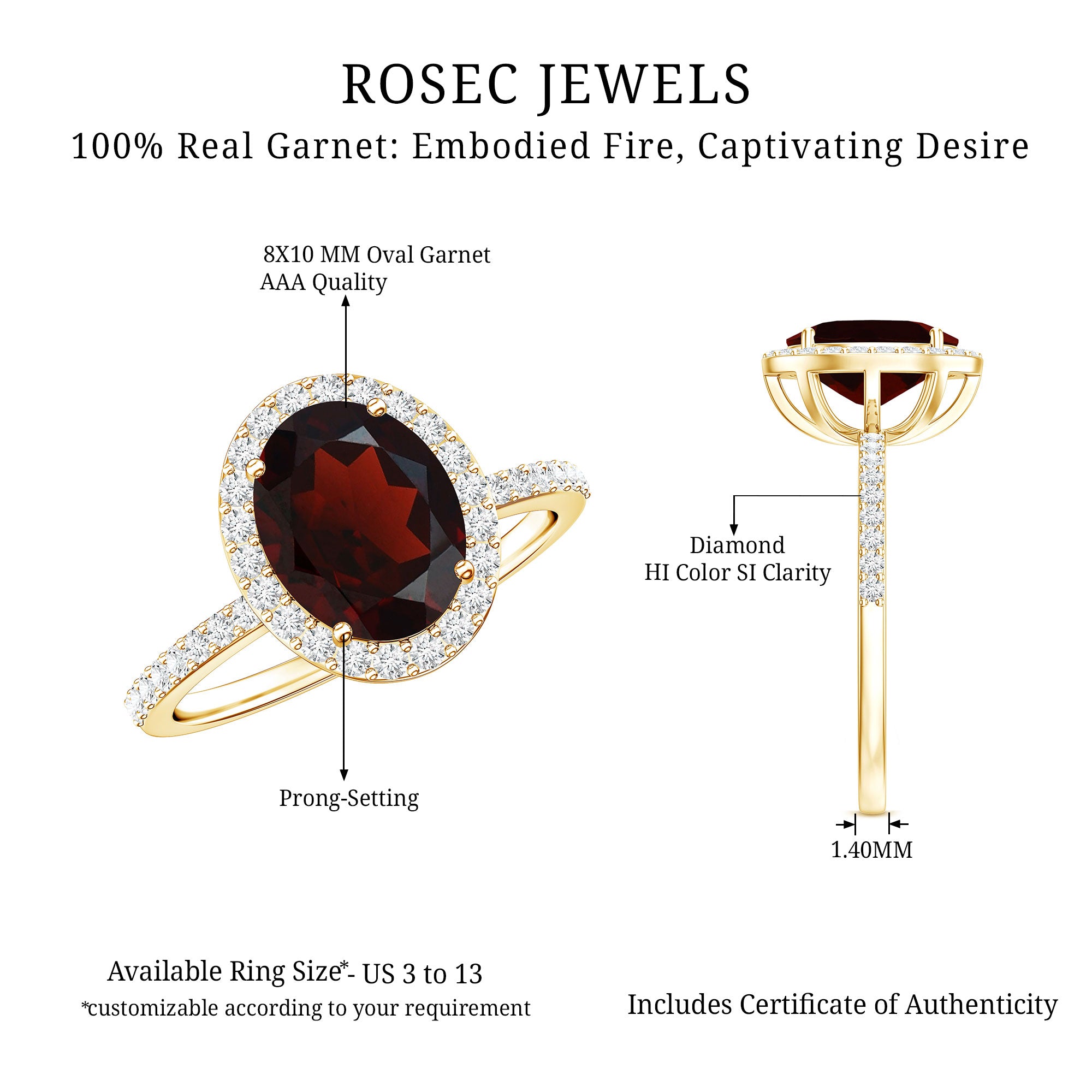 Certified Real 8X10mm Garnet Oval Engagement Ring with Diamond Halo AAA - Rosec Jewels
