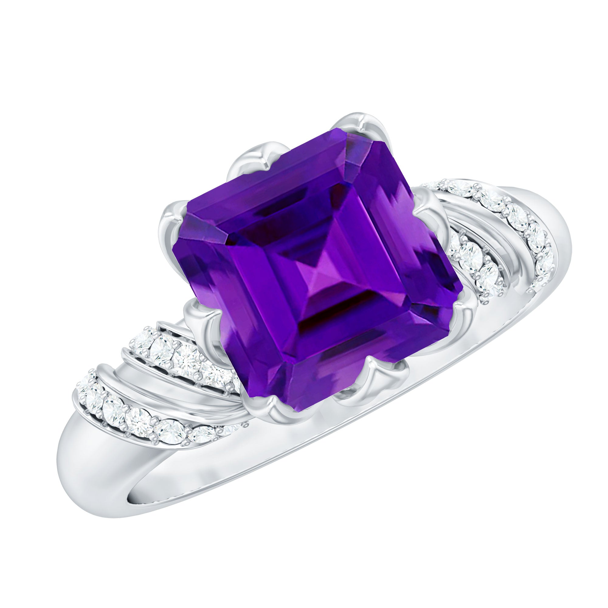 Asscher Cut Amethyst Designer Engagement Ring with Diamond