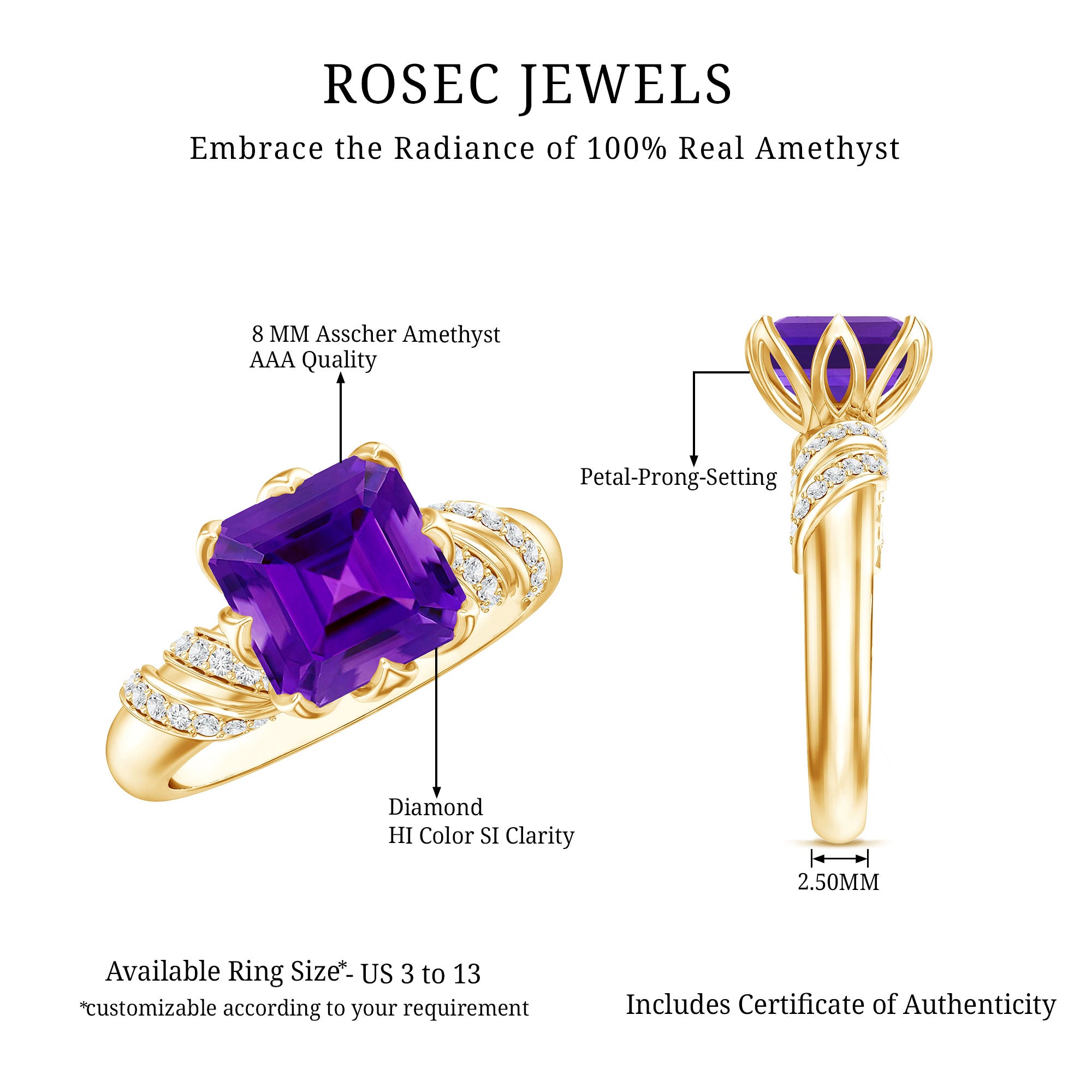 Vintage Looking 3 Carat Amethyst Asscher Cut Engagement Ring with Diamond AAA - Rosec Jewels
