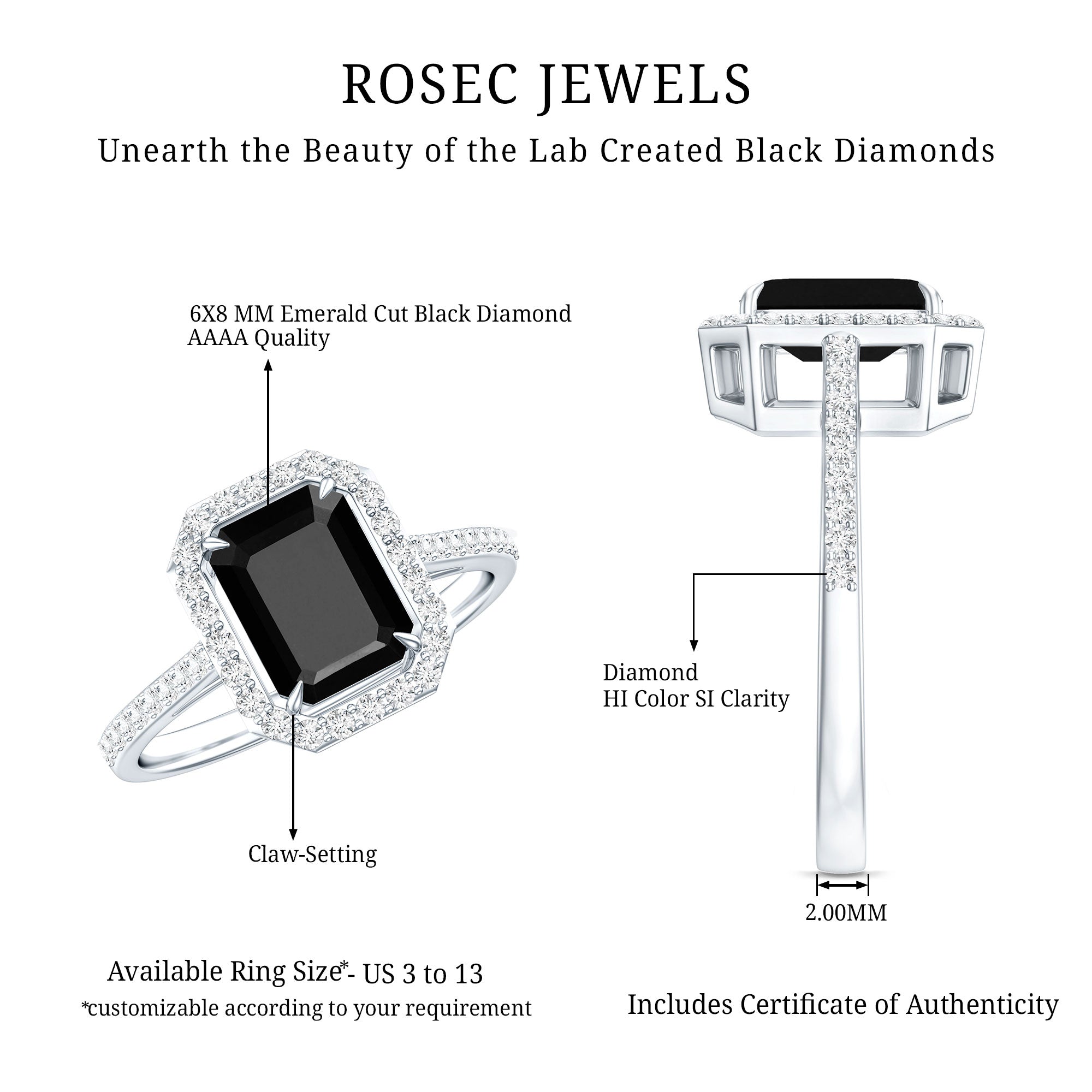 1.6 Carat Lab Grown Black and White Diamond Emerald Cut Engagement Ring with Halo AAAA ( Synthetic ) - Rosec Jewels