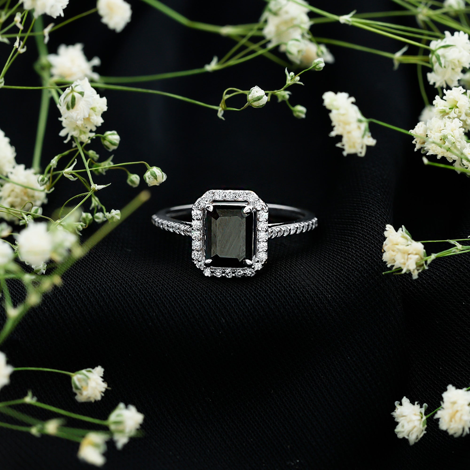 1.6 Carat Lab Grown Black and White Diamond Emerald Cut Engagement Ring with Halo AAAA ( Synthetic ) - Rosec Jewels