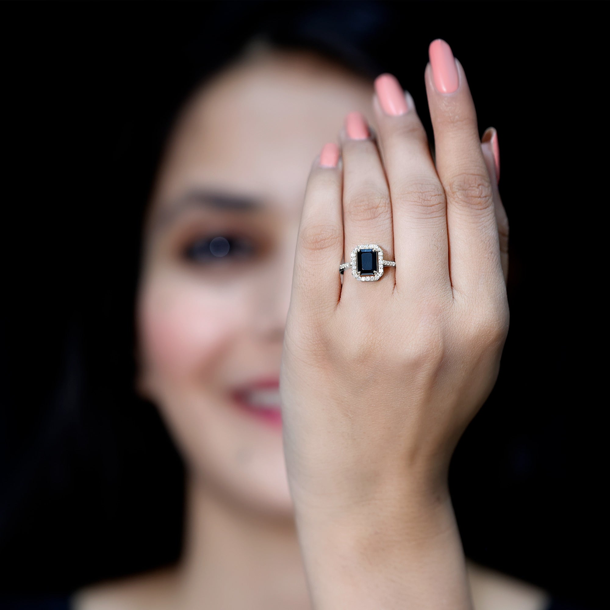 1.6 Carat Lab Grown Black and White Diamond Emerald Cut Engagement Ring with Halo AAAA ( Synthetic ) - Rosec Jewels