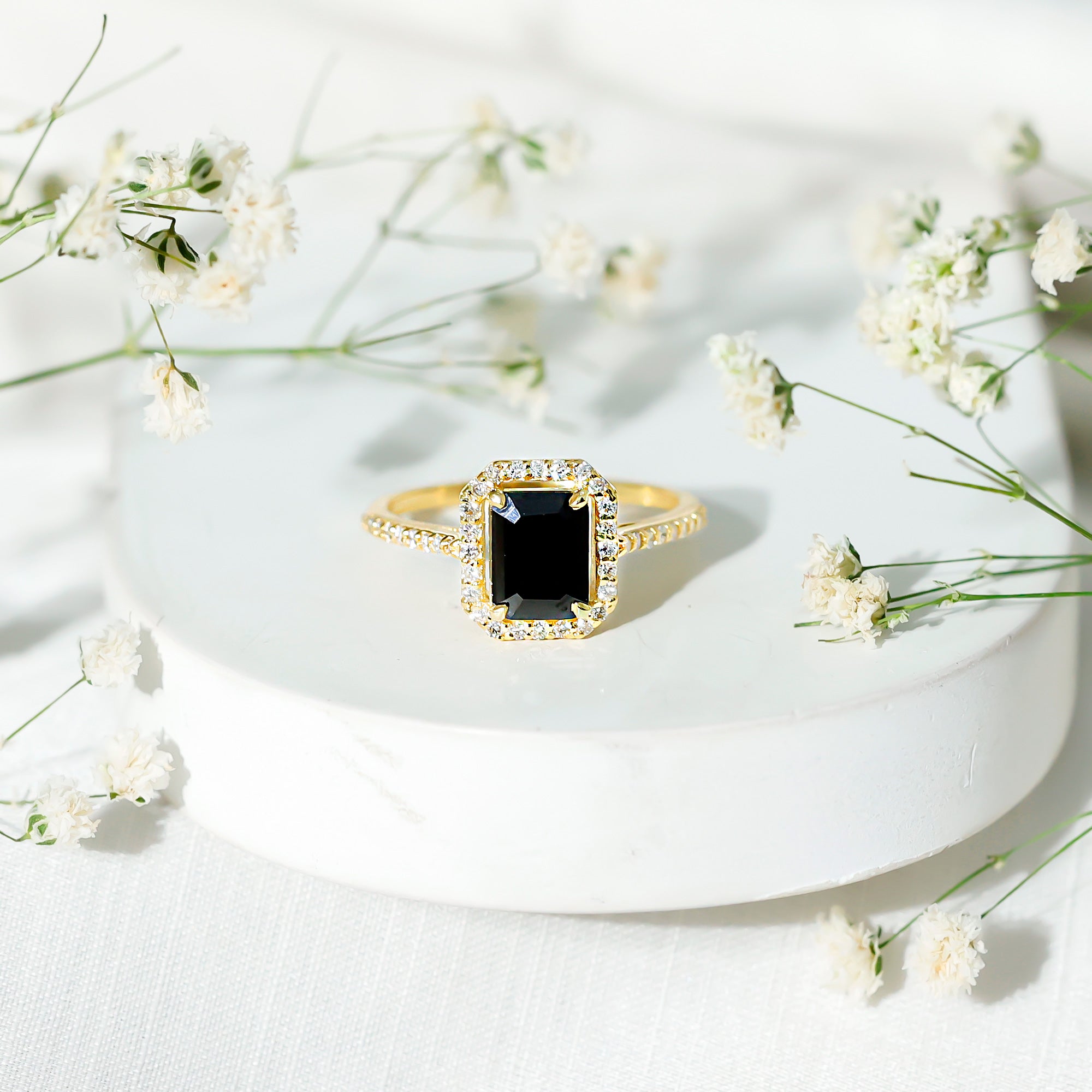 1.6 Carat Lab Grown Black and White Diamond Emerald Cut Engagement Ring with Halo AAAA ( Synthetic ) - Rosec Jewels