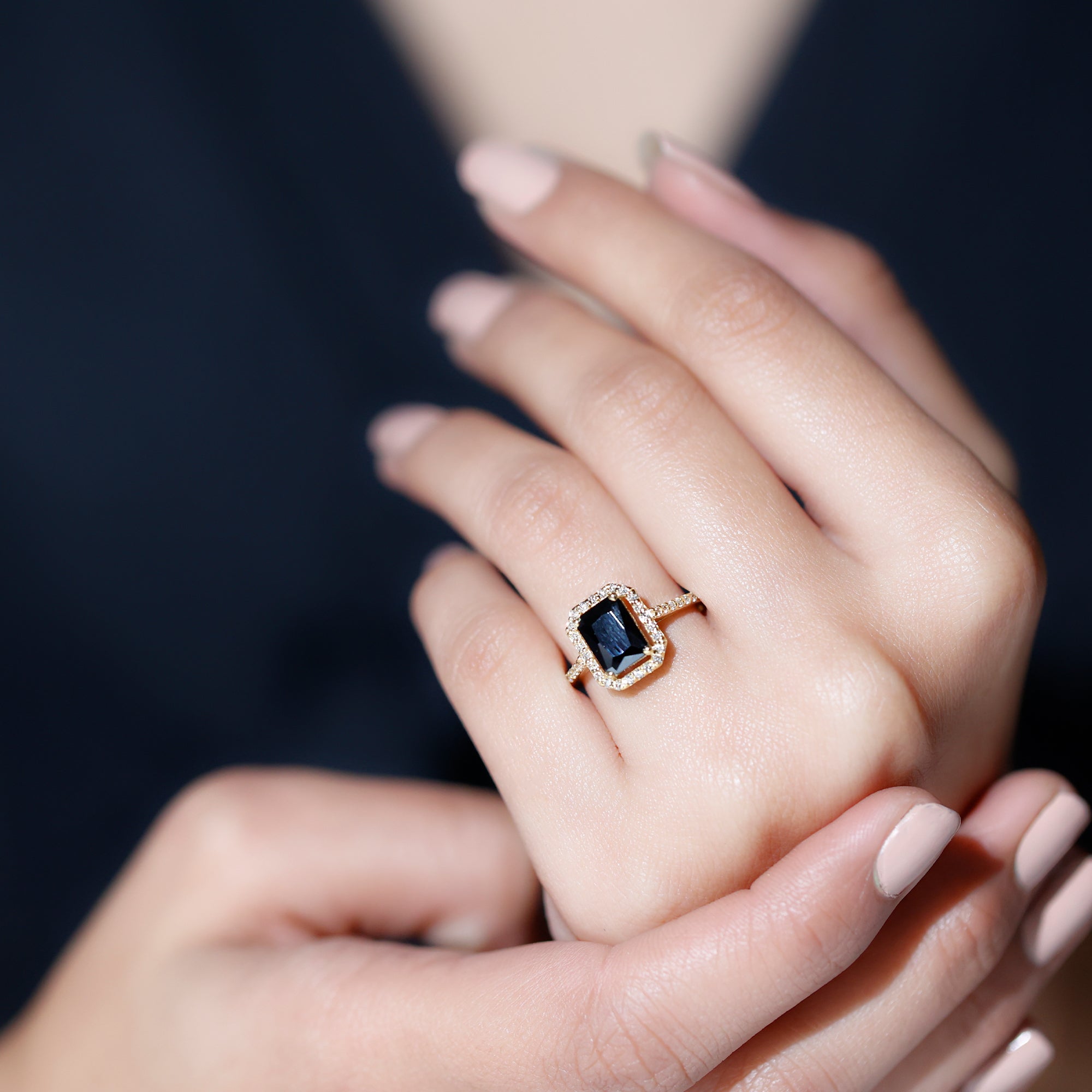1.6 Carat Lab Grown Black and White Diamond Emerald Cut Engagement Ring with Halo AAAA ( Synthetic ) - Rosec Jewels