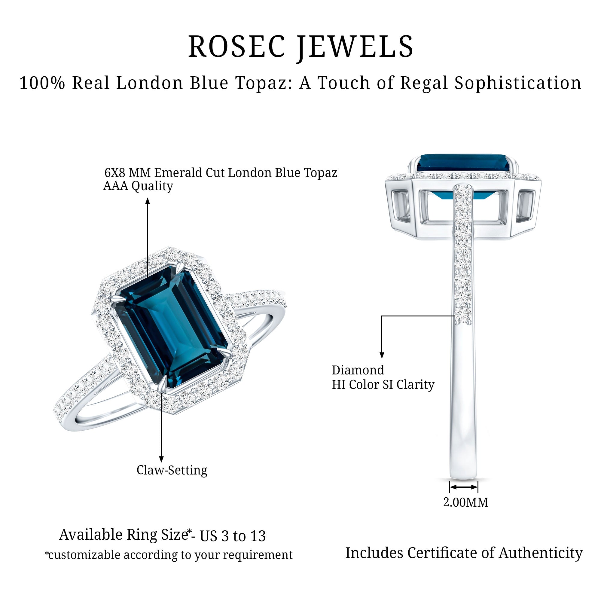 Emerald Cut London Blue Topaz Engagement Ring with Diamond Halo AAA - Rosec Jewels