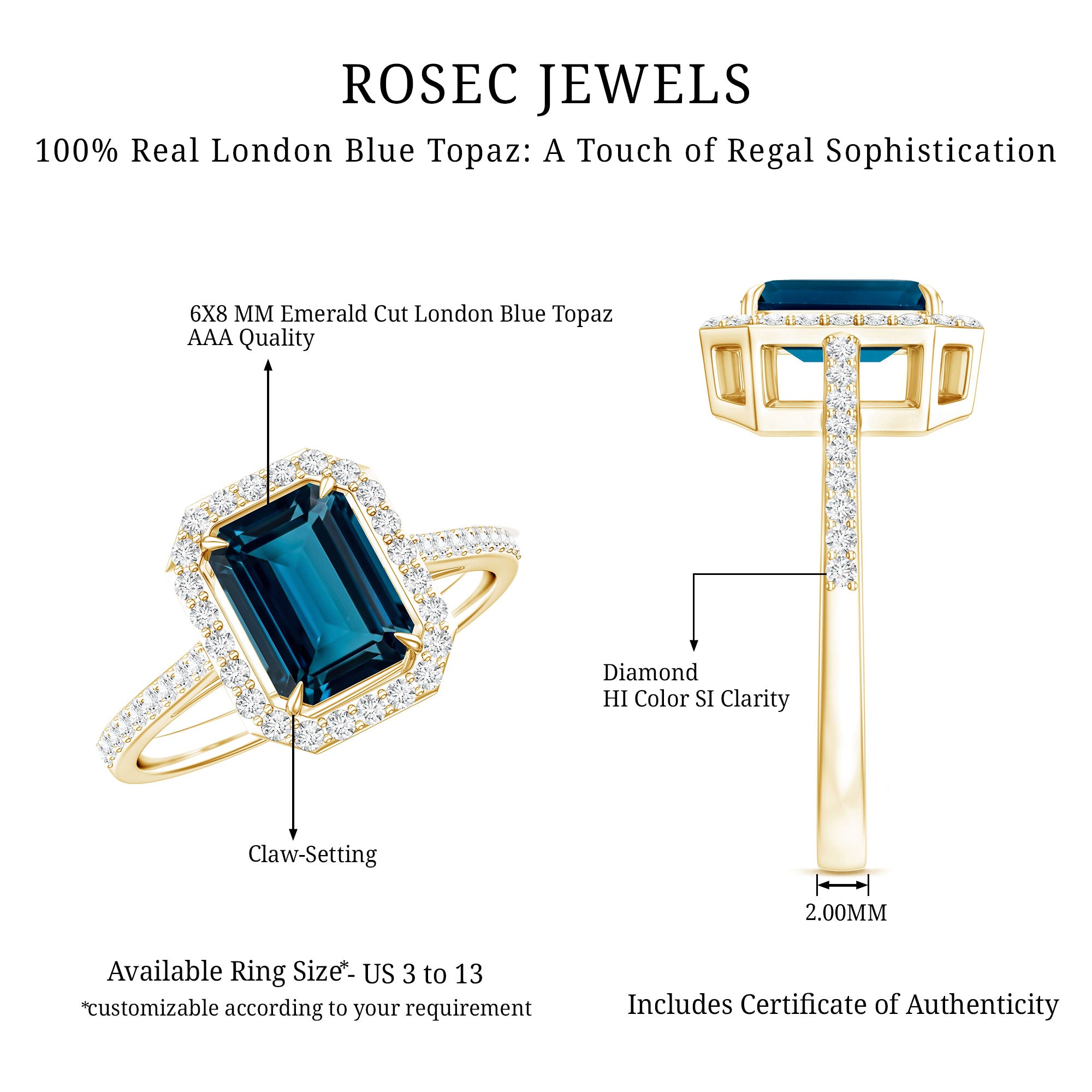 Emerald Cut London Blue Topaz Engagement Ring with Diamond Halo AAA - Rosec Jewels