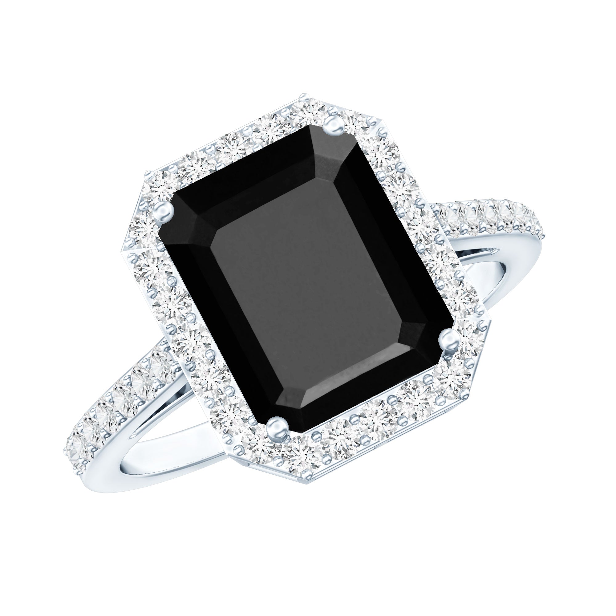 3.4 Carat Lab Grown Black Diamond Emerald Cut Engagement Ring with White Diamond Halo AAAA ( Synthetic ) - Rosec Jewels