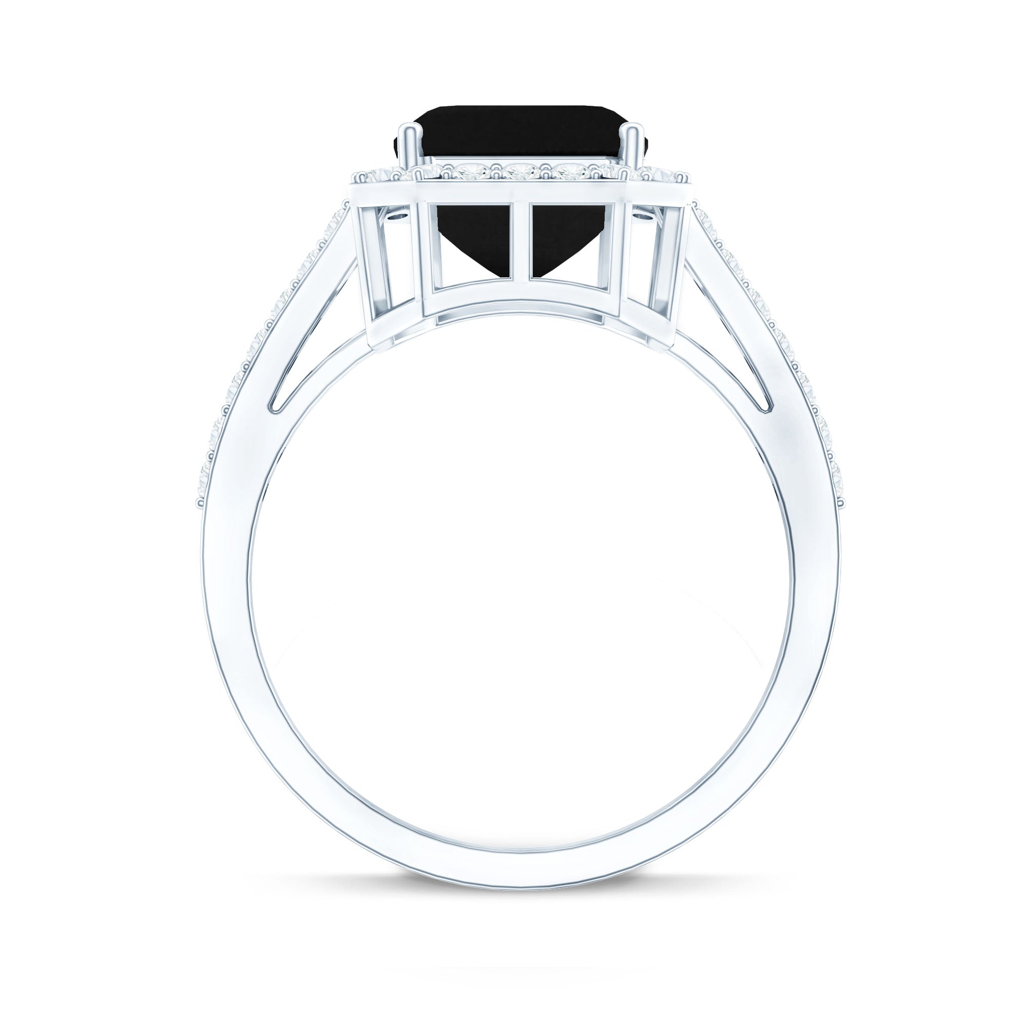 3.4 Carat Lab Grown Black Diamond Emerald Cut Engagement Ring with White Diamond Halo AAAA ( Synthetic ) - Rosec Jewels
