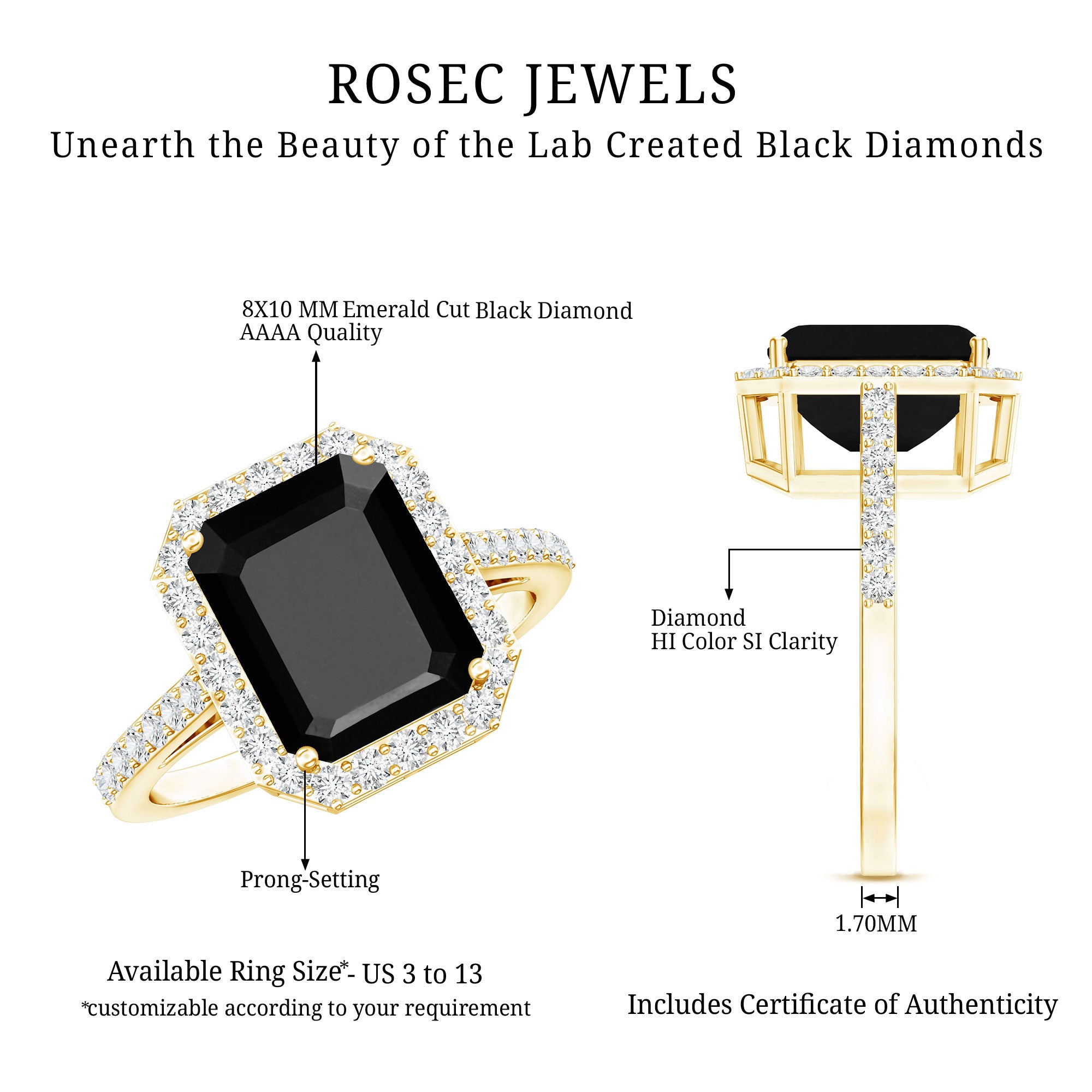 3.4 Carat Lab Grown Black Diamond Emerald Cut Engagement Ring with White Diamond Halo AAAA ( Synthetic ) - Rosec Jewels