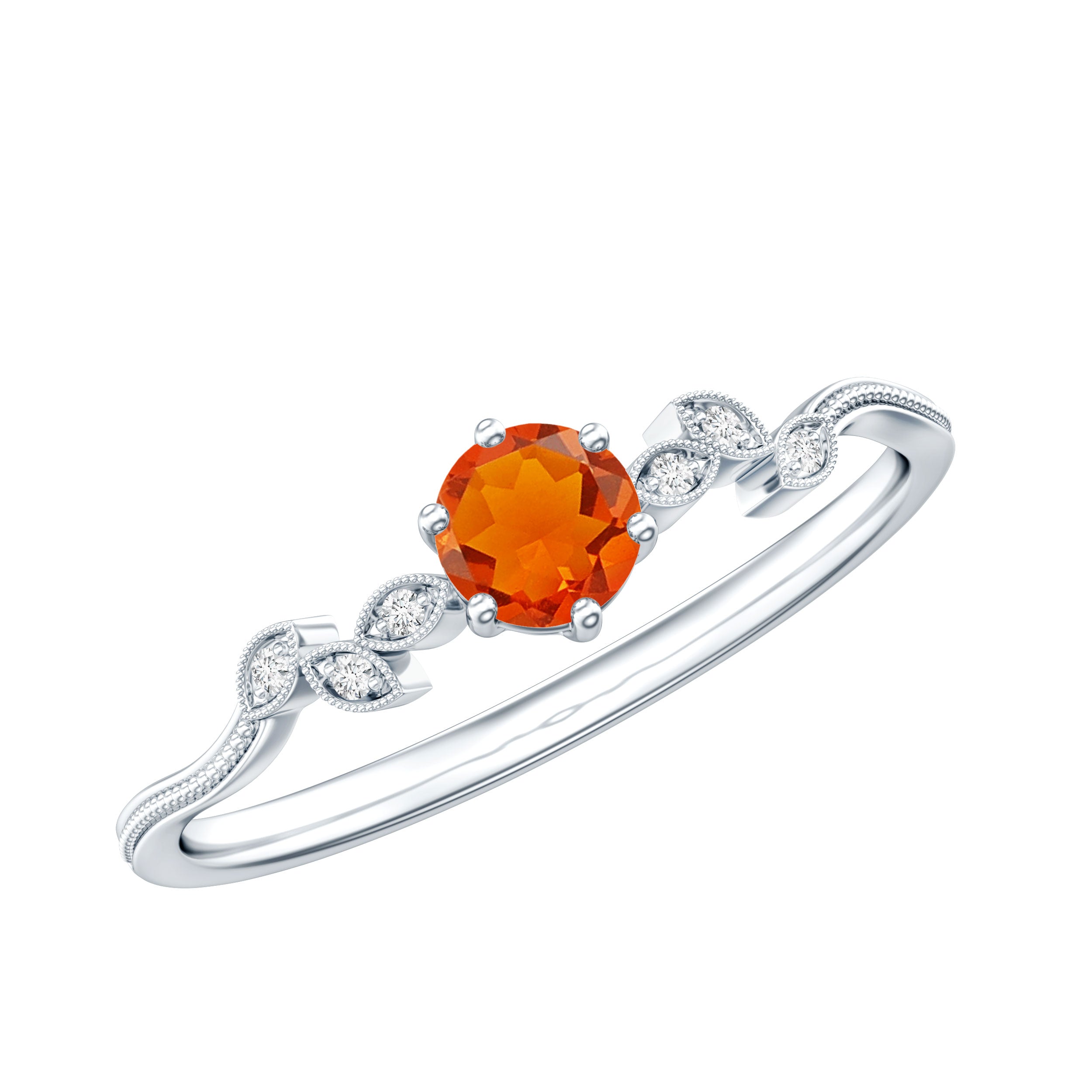 Round Fire Opal Leaf Promise Ring with Diamond AAA - Rosec Jewels