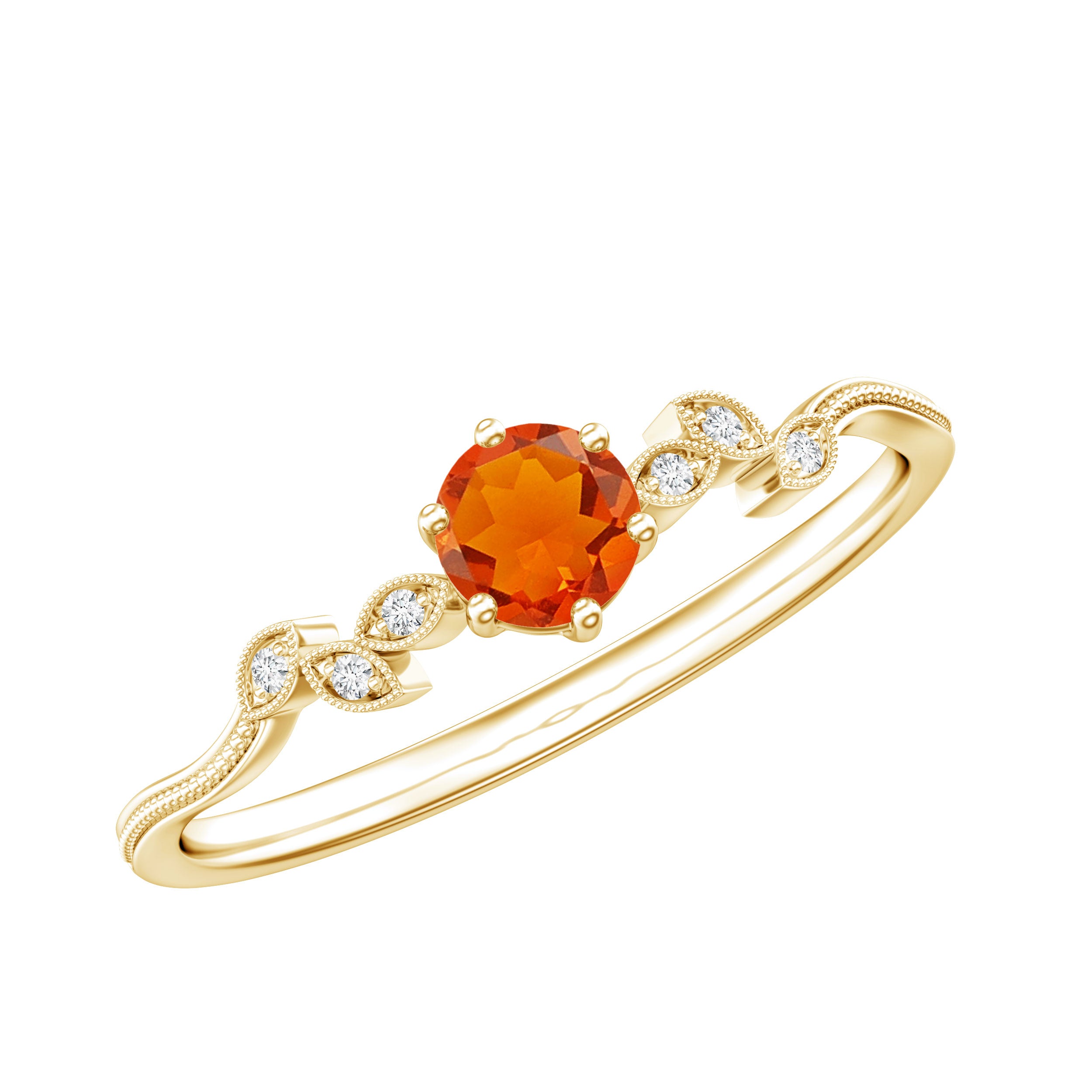 Round Fire Opal Leaf Promise Ring with Diamond AAA - Rosec Jewels