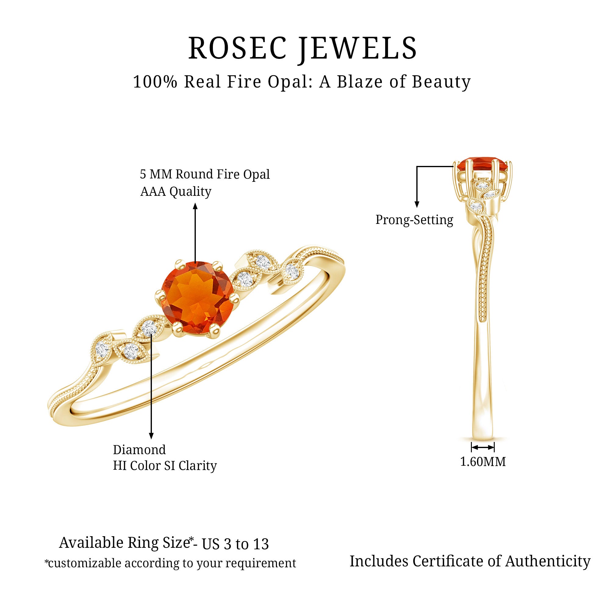 Round Fire Opal Leaf Promise Ring with Diamond AAA - Rosec Jewels