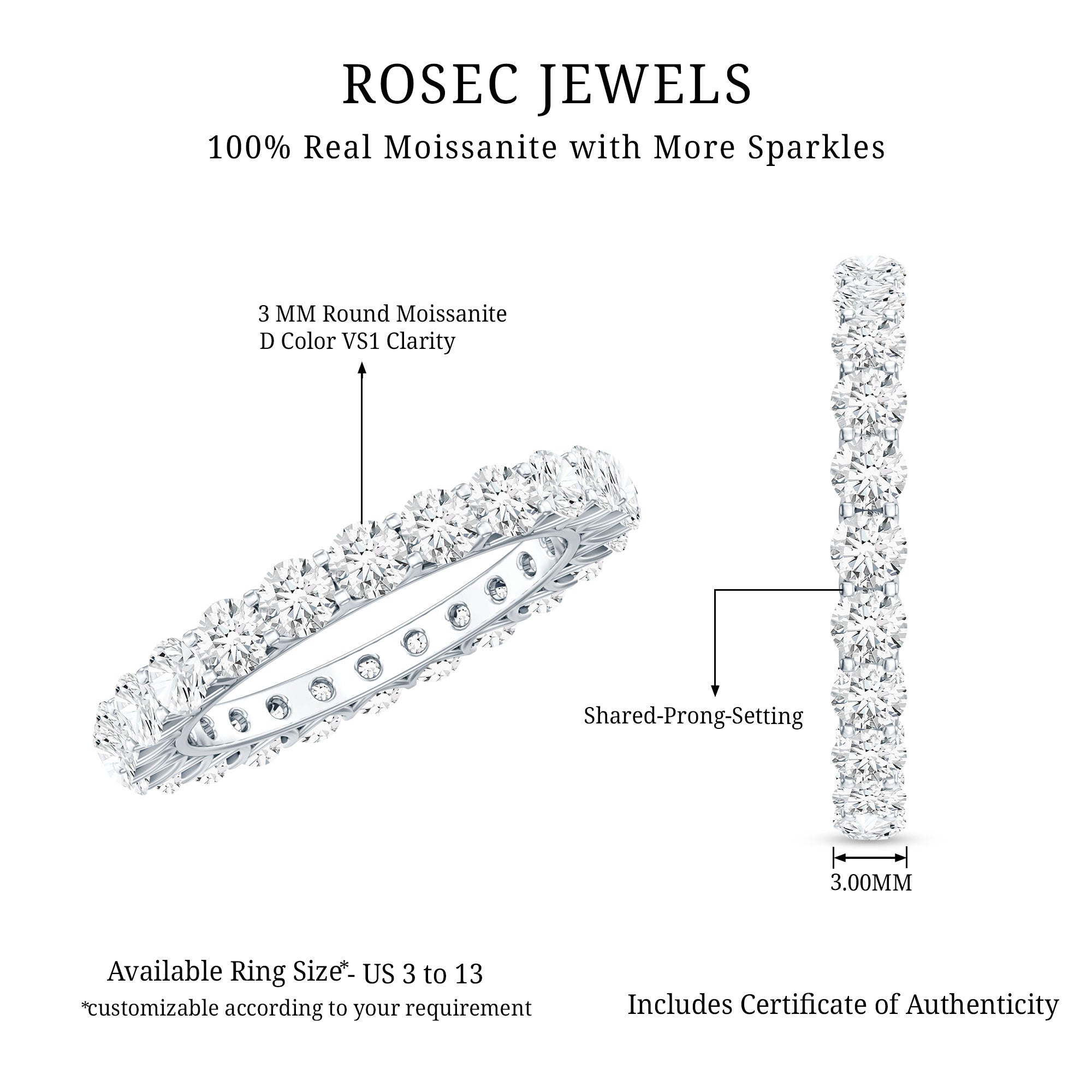 Certified Moissanite Stackable Eternity Band Ring D-VS1 - Rosec Jewels