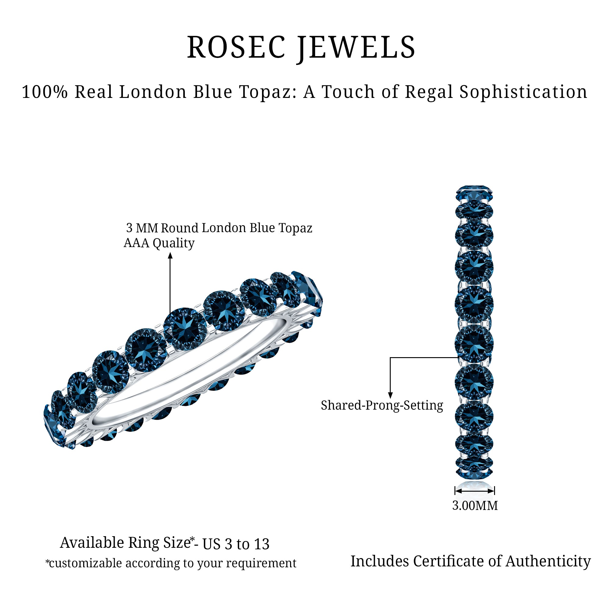 Certified London Blue Topaz Full Eternity Band Ring AAA - Rosec Jewels