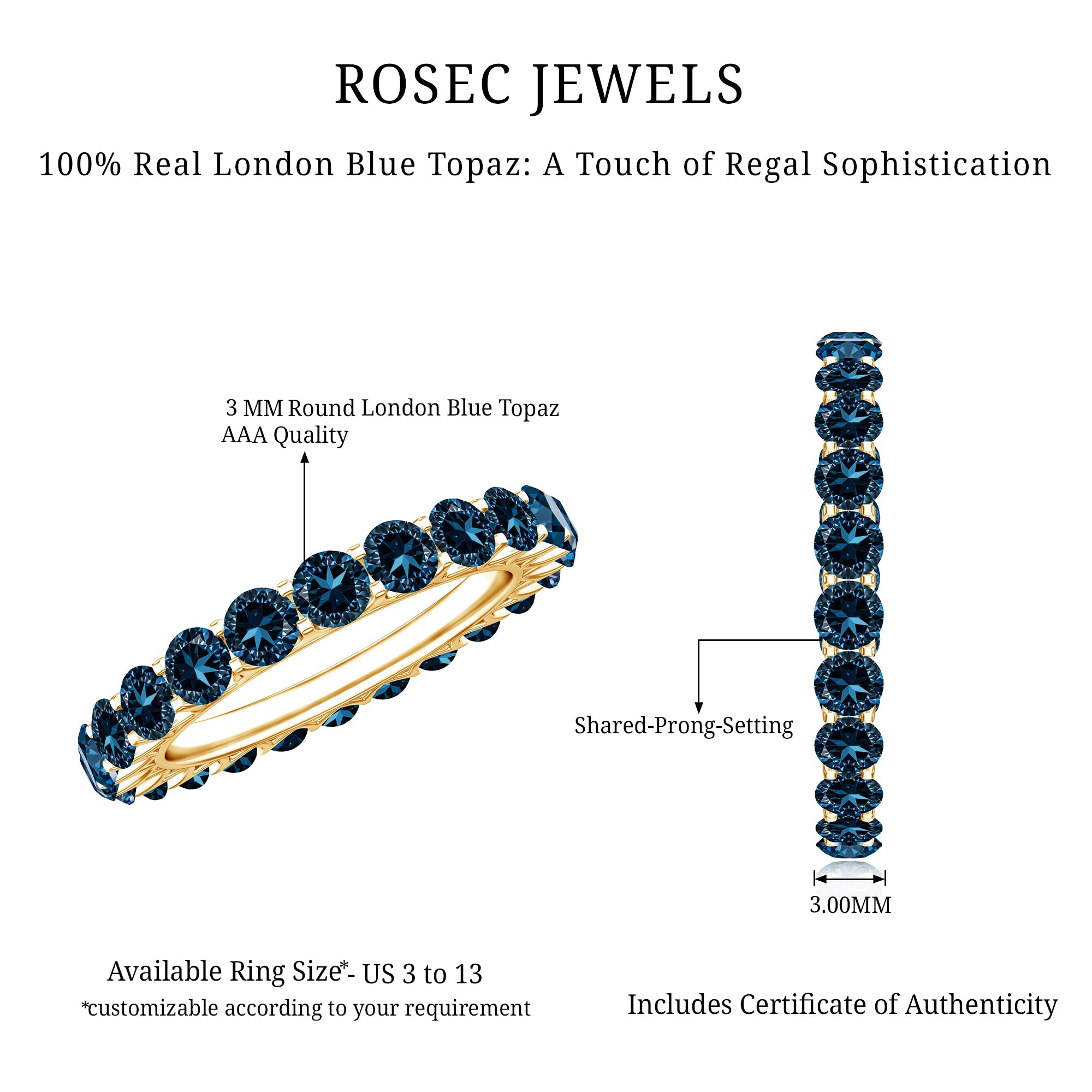 Certified London Blue Topaz Full Eternity Band Ring AAA - Rosec Jewels