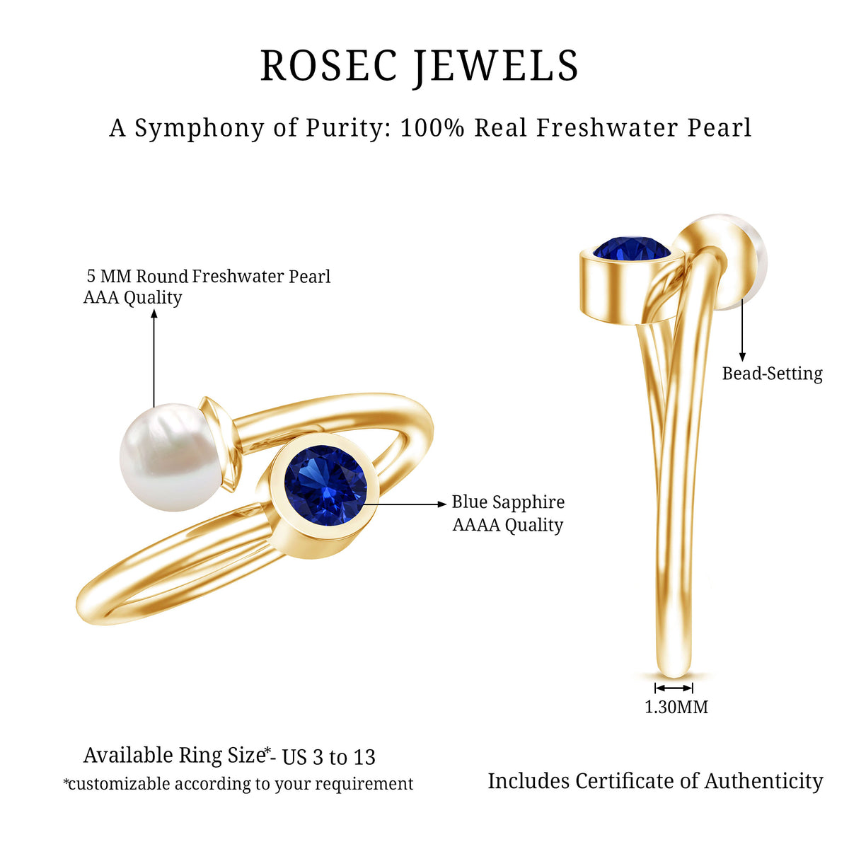 Lab Created Blue Sapphire and Pearl Toi Et Moi Ring AAA - Rosec Jewels
