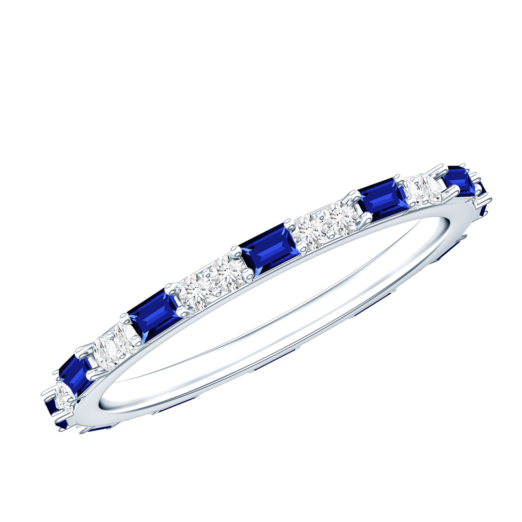 Certified Baguette Lab Blue Sapphire Eternity Ring with Diamond AAAA - Rosec Jewels
