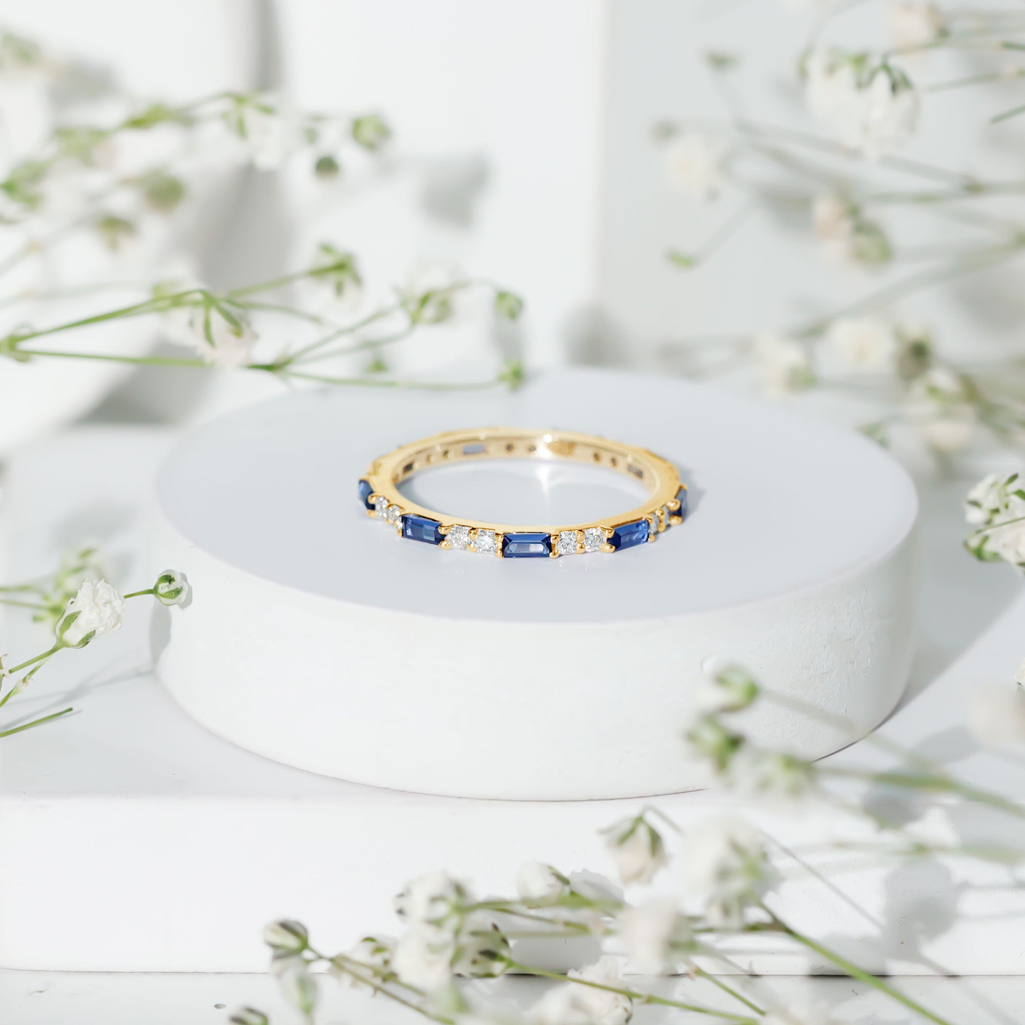 Certified Baguette Lab Blue Sapphire Eternity Ring with Diamond AAAA - Rosec Jewels