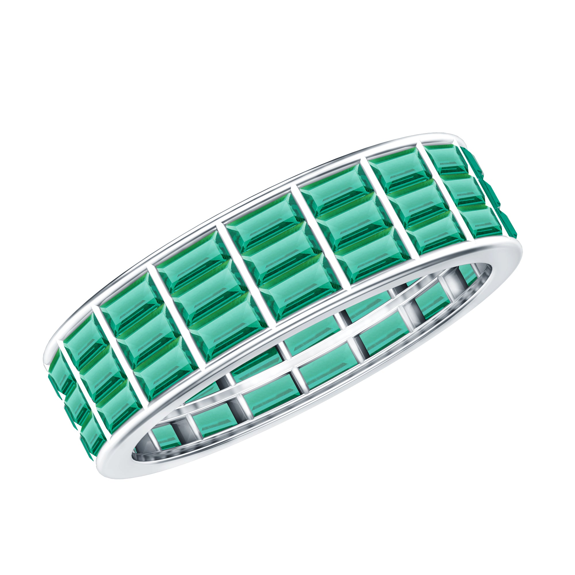 Baguette Cut Lab Grown Emerald 3 Row Eternity Band AAAA - Rosec Jewels