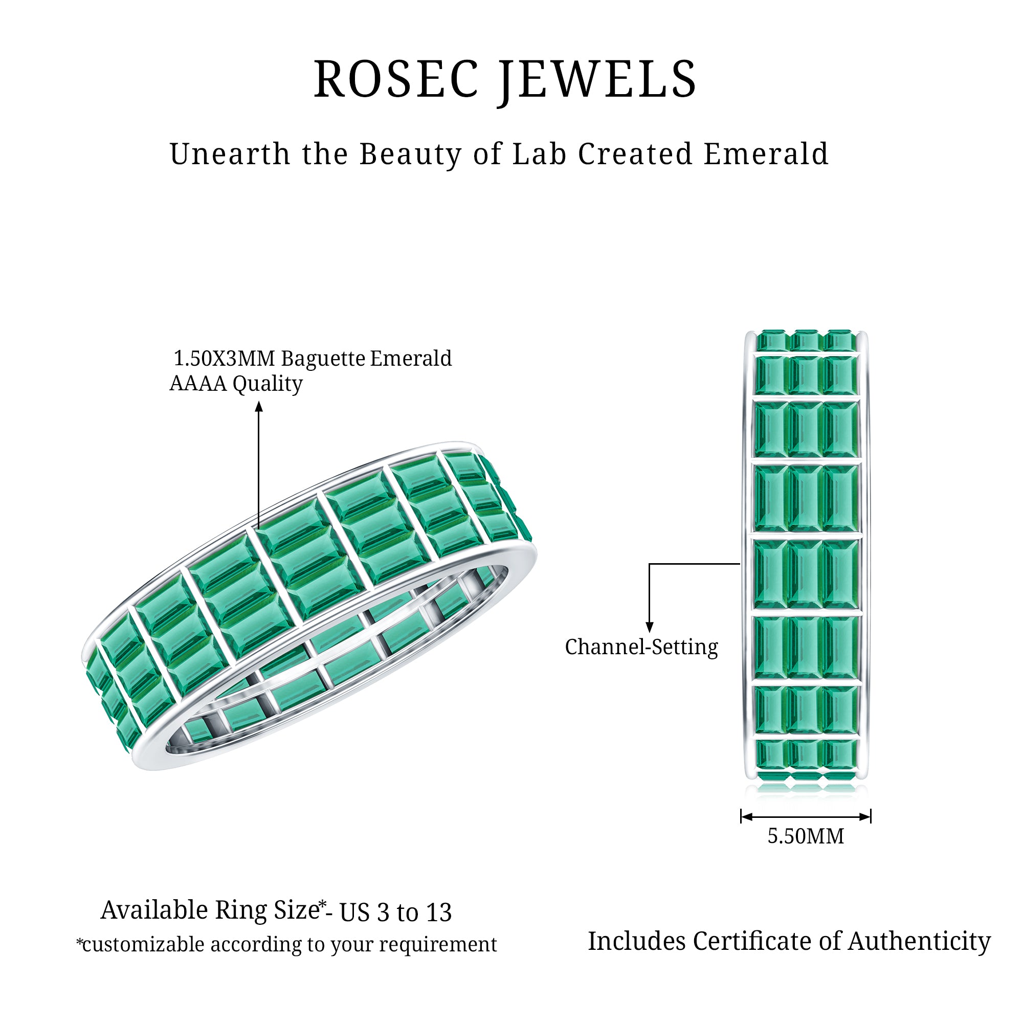 Baguette Cut Lab Grown Emerald 3 Row Eternity Band AAAA - Rosec Jewels