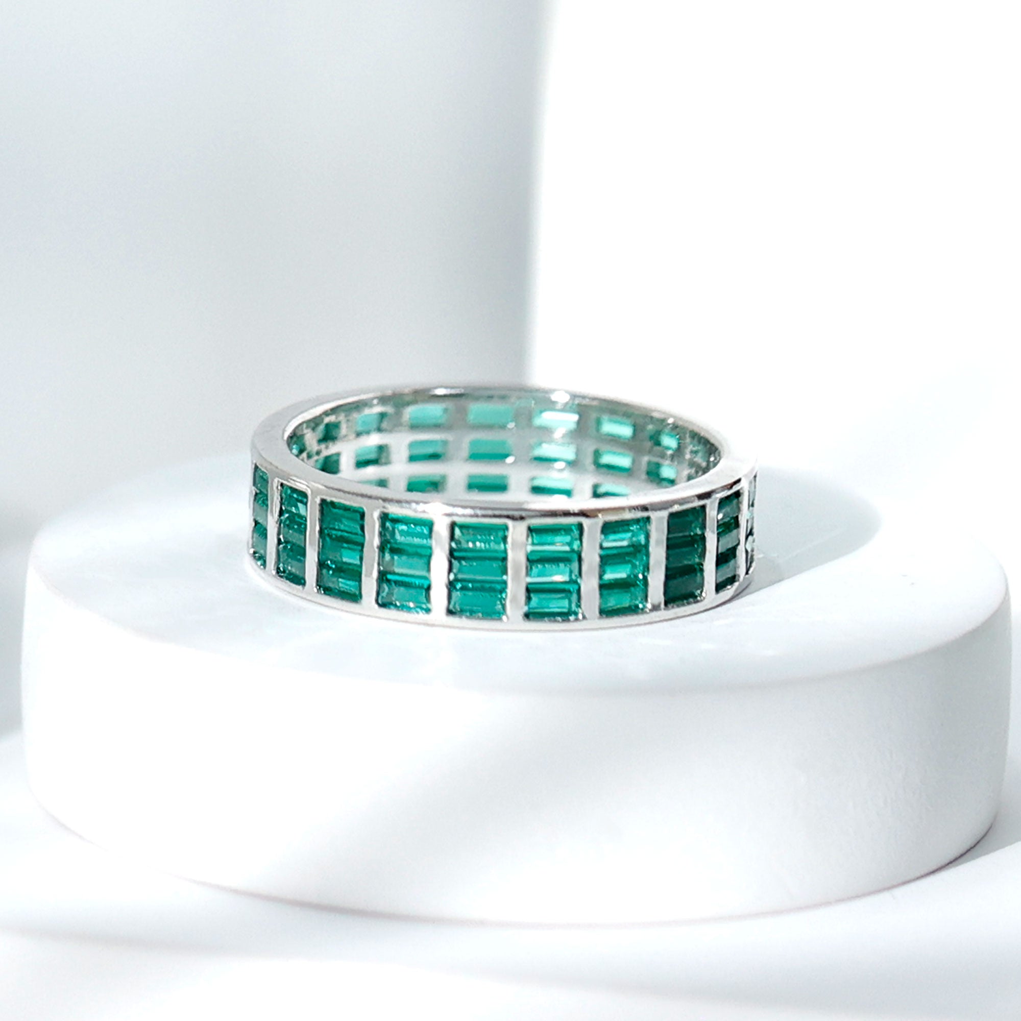 Baguette Cut Lab Grown Emerald 3 Row Eternity Band AAAA - Rosec Jewels