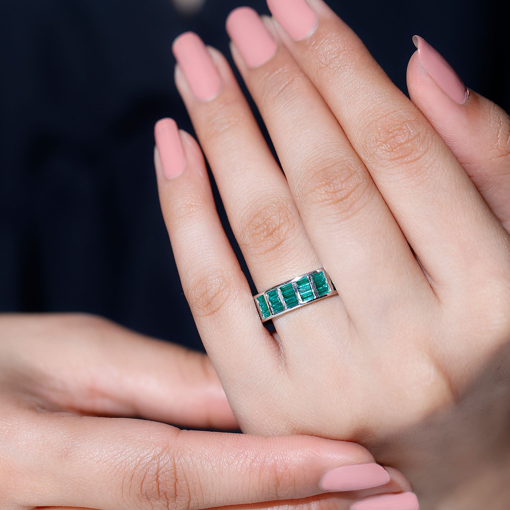 Baguette Cut Lab Grown Emerald 3 Row Eternity Band AAAA - Rosec Jewels