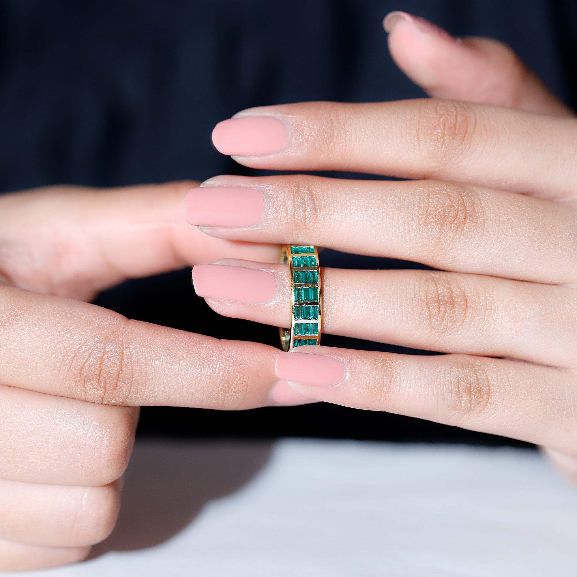 Baguette Cut Lab Grown Emerald 3 Row Eternity Band AAAA - Rosec Jewels