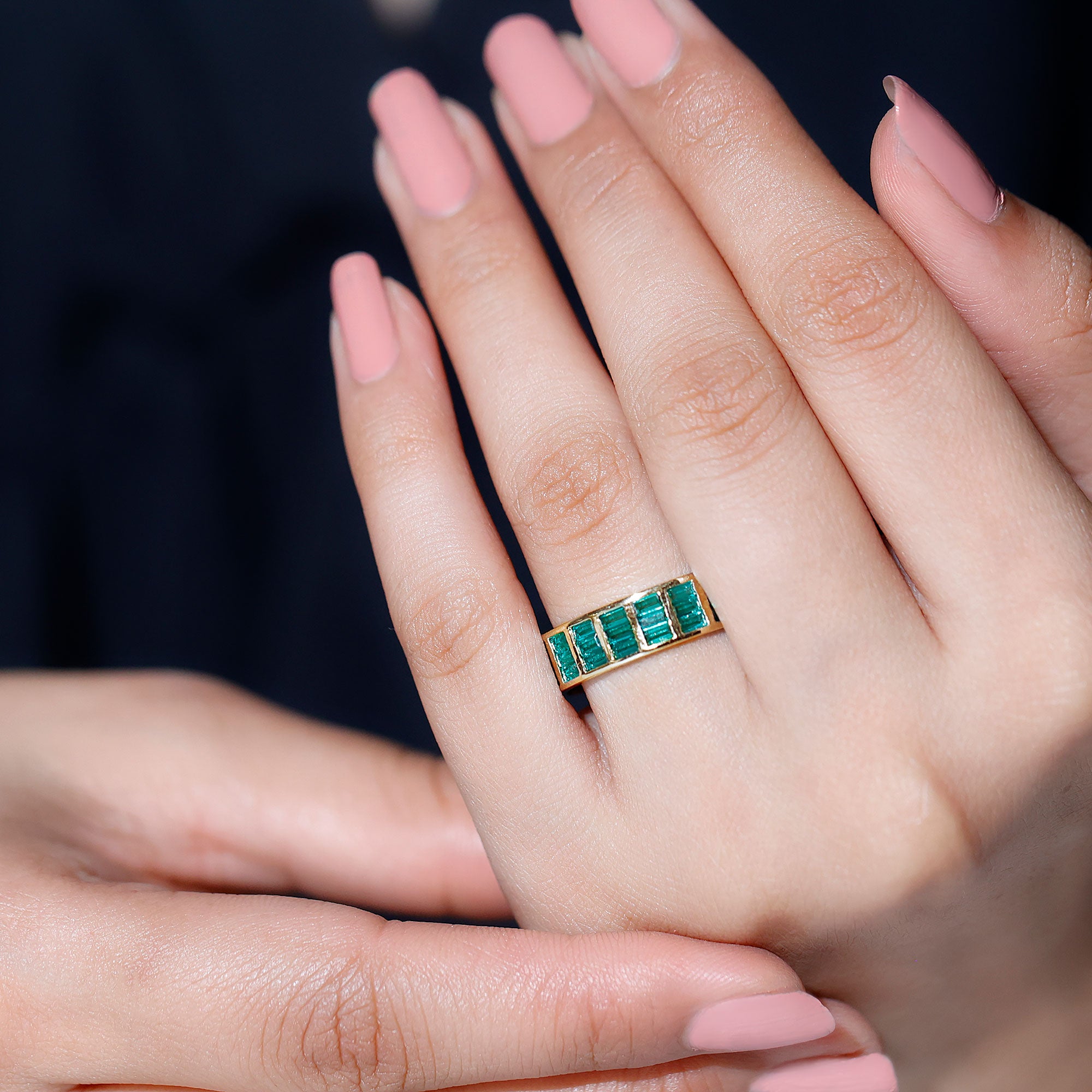 Baguette Cut Lab Grown Emerald 3 Row Eternity Band AAAA - Rosec Jewels