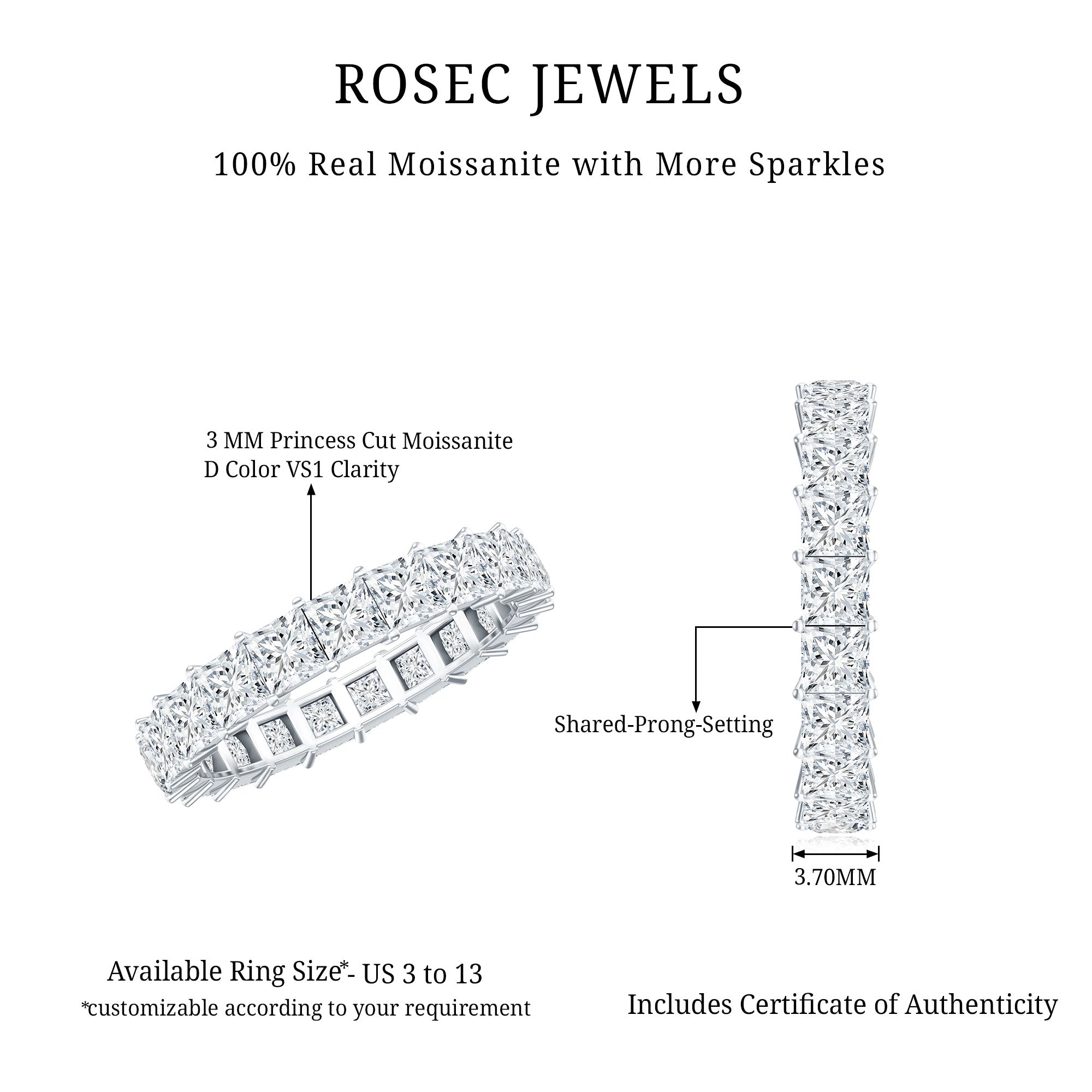 Princess Cut Certified Moissanite Full Eternity Ring D-VS1 - Rosec Jewels