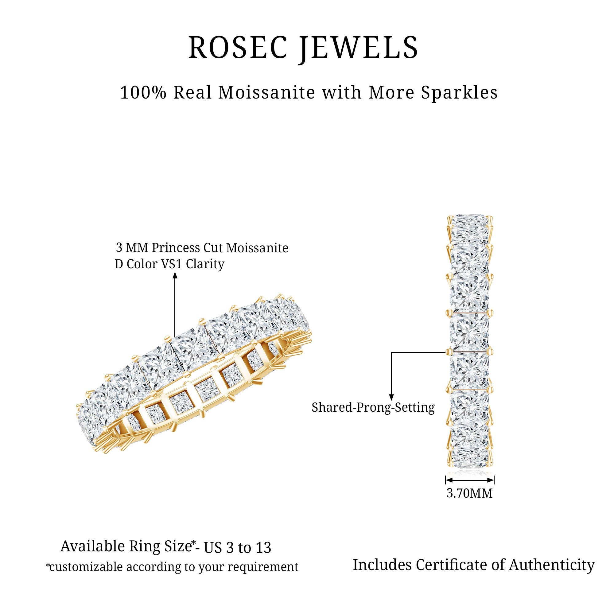 Princess Cut Certified Moissanite Full Eternity Ring D-VS1 - Rosec Jewels
