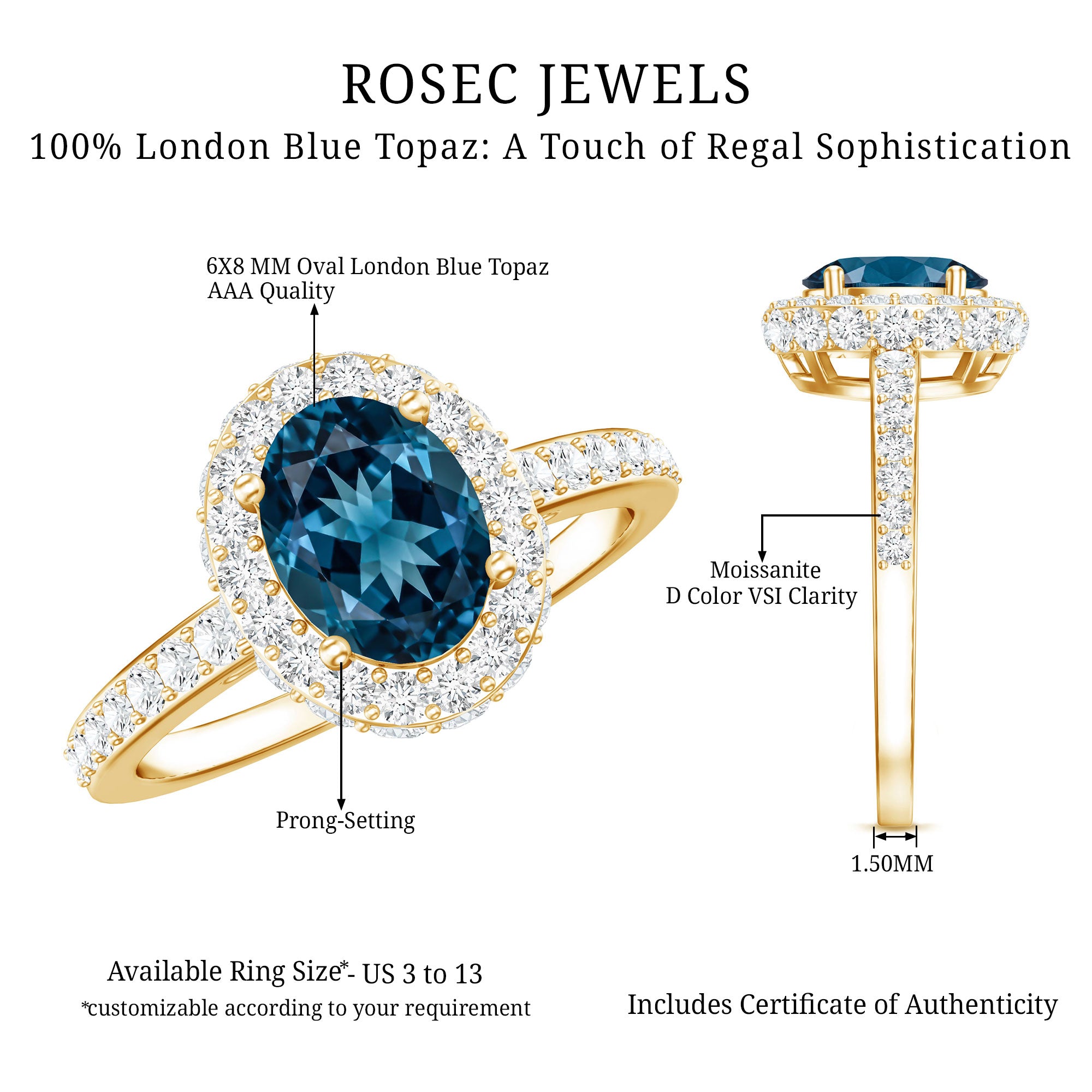 Genuine London Blue Topaz Classic Engagement Ring with Moissanite Halo AAA - Rosec Jewels