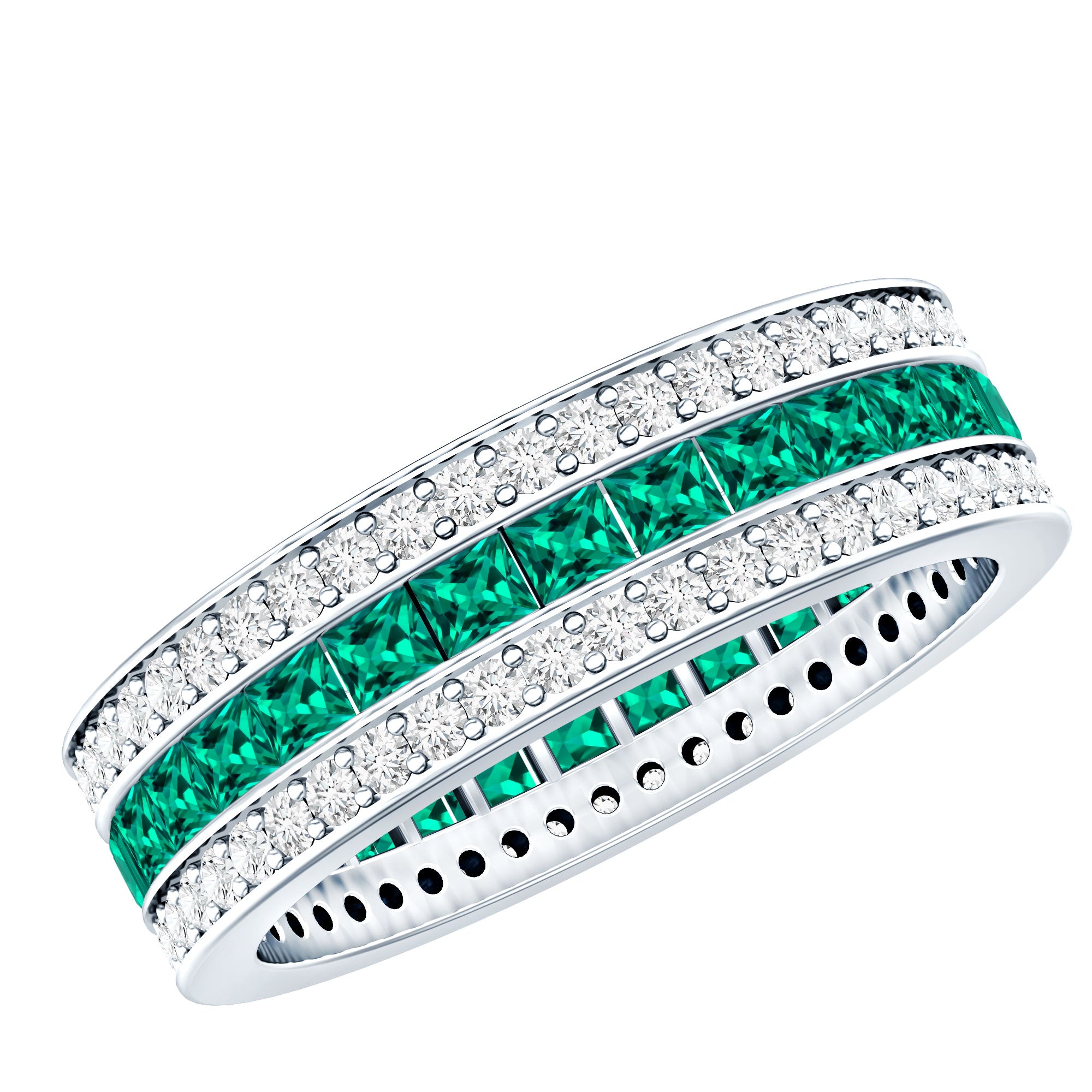 Certified Lab Grown Emerald 3 Row Eternity Wedding Band AAAA - Rosec Jewels
