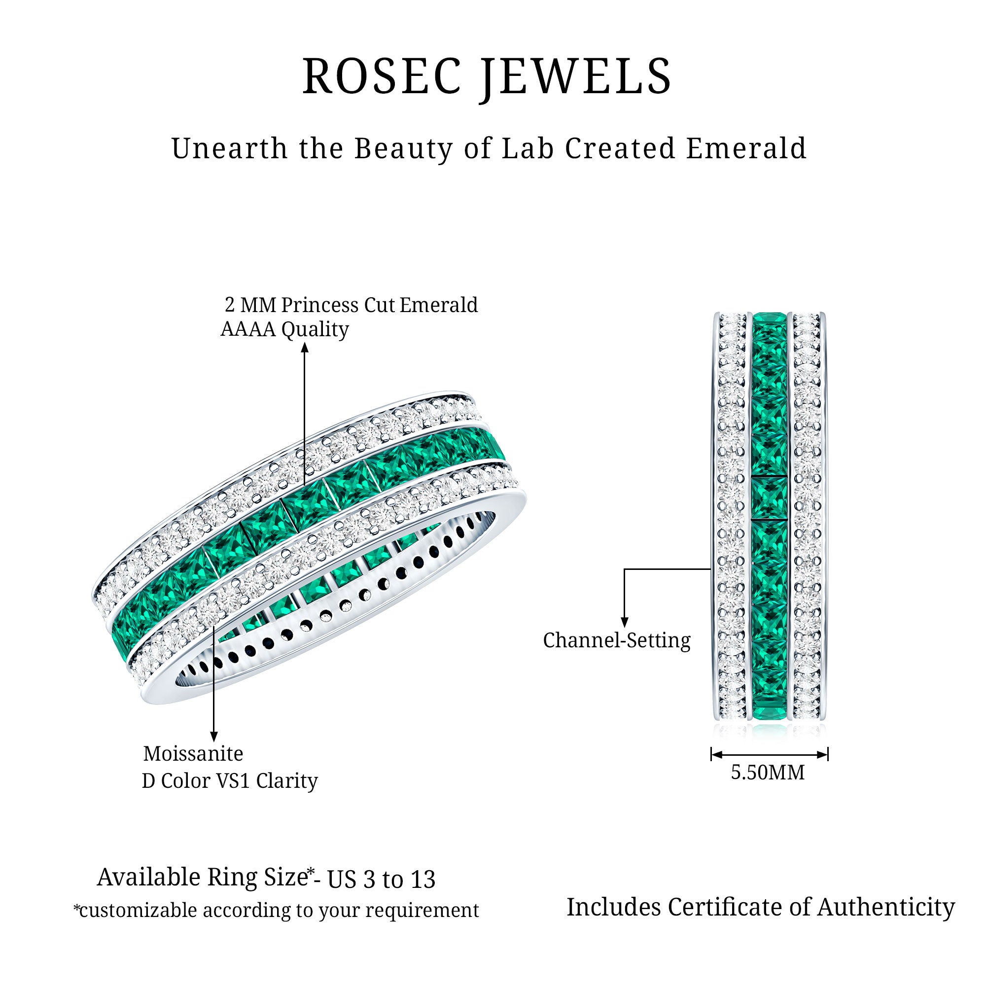 Certified Lab Grown Emerald 3 Row Eternity Wedding Band AAAA - Rosec Jewels