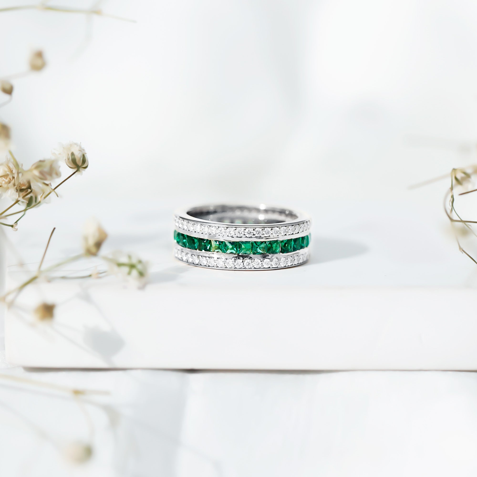 Certified Lab Grown Emerald 3 Row Eternity Wedding Band AAAA - Rosec Jewels