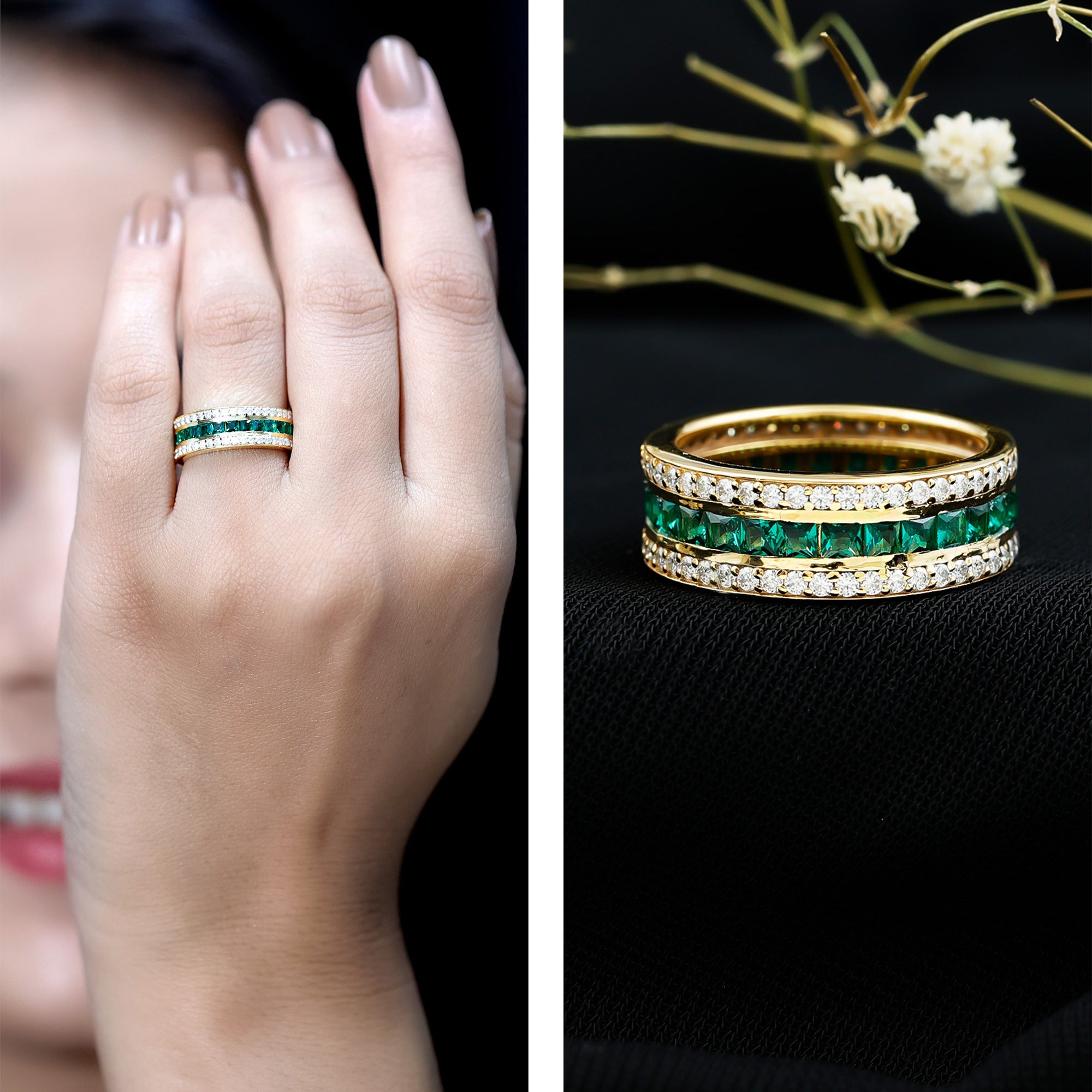 Rosec Jewels-Three Row Lab Created Emerald and Moissanite Wedding Band