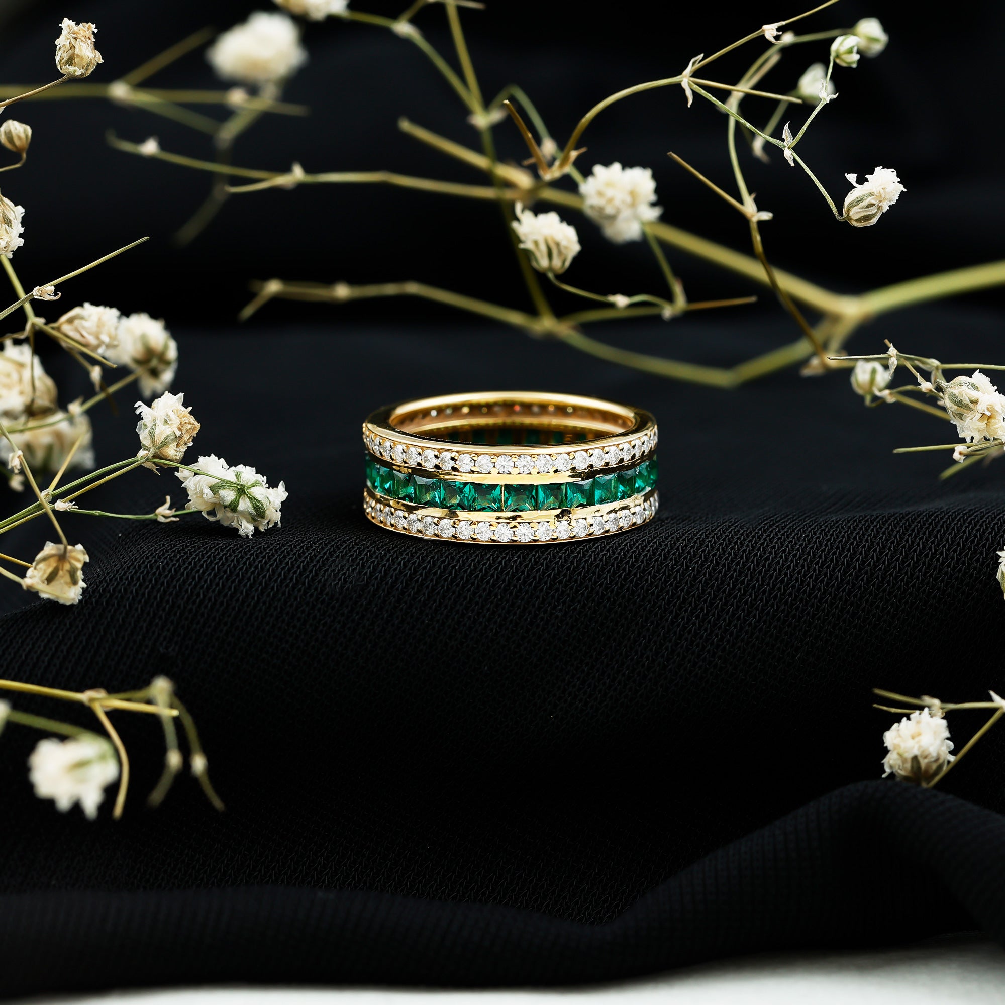 Rosec Jewels-Three Row Lab Created Emerald and Moissanite Wedding Band