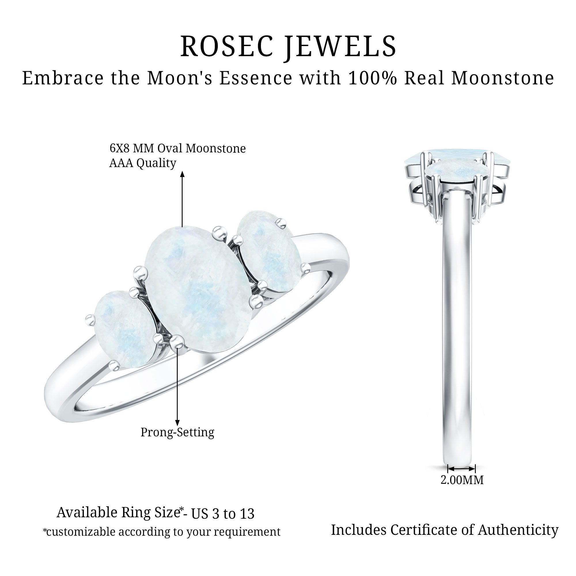 Natural Moonstone Three Stone Oval Engagement Ring AAA - Rosec Jewels