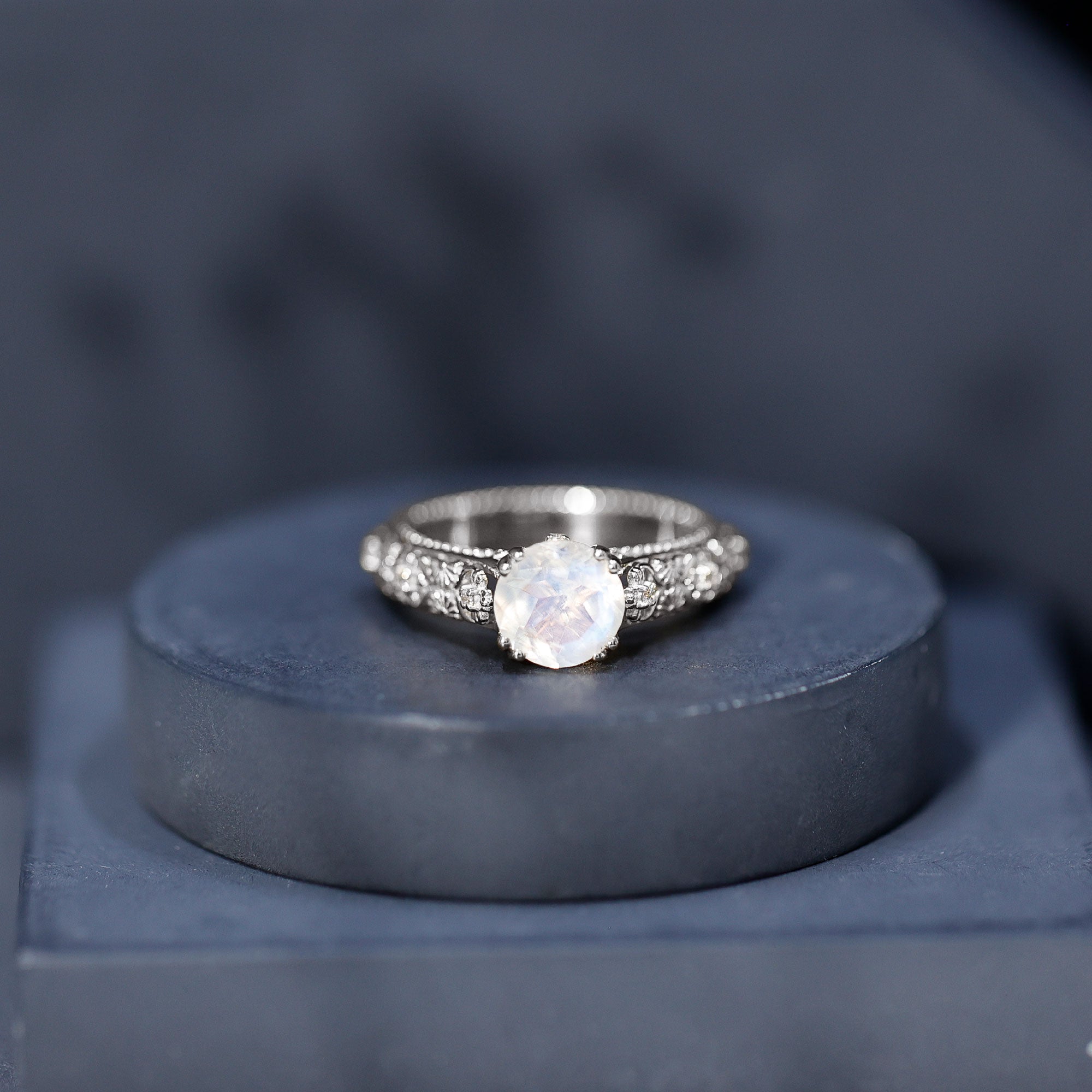 Vintage Style Moonstone and Diamond Flower Engagement Ring AAA - Rosec Jewels