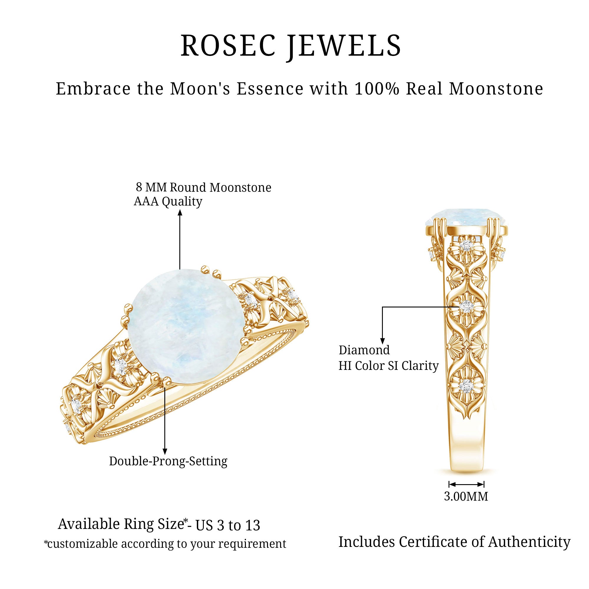 Vintage Style Moonstone and Diamond Flower Engagement Ring AAA - Rosec Jewels