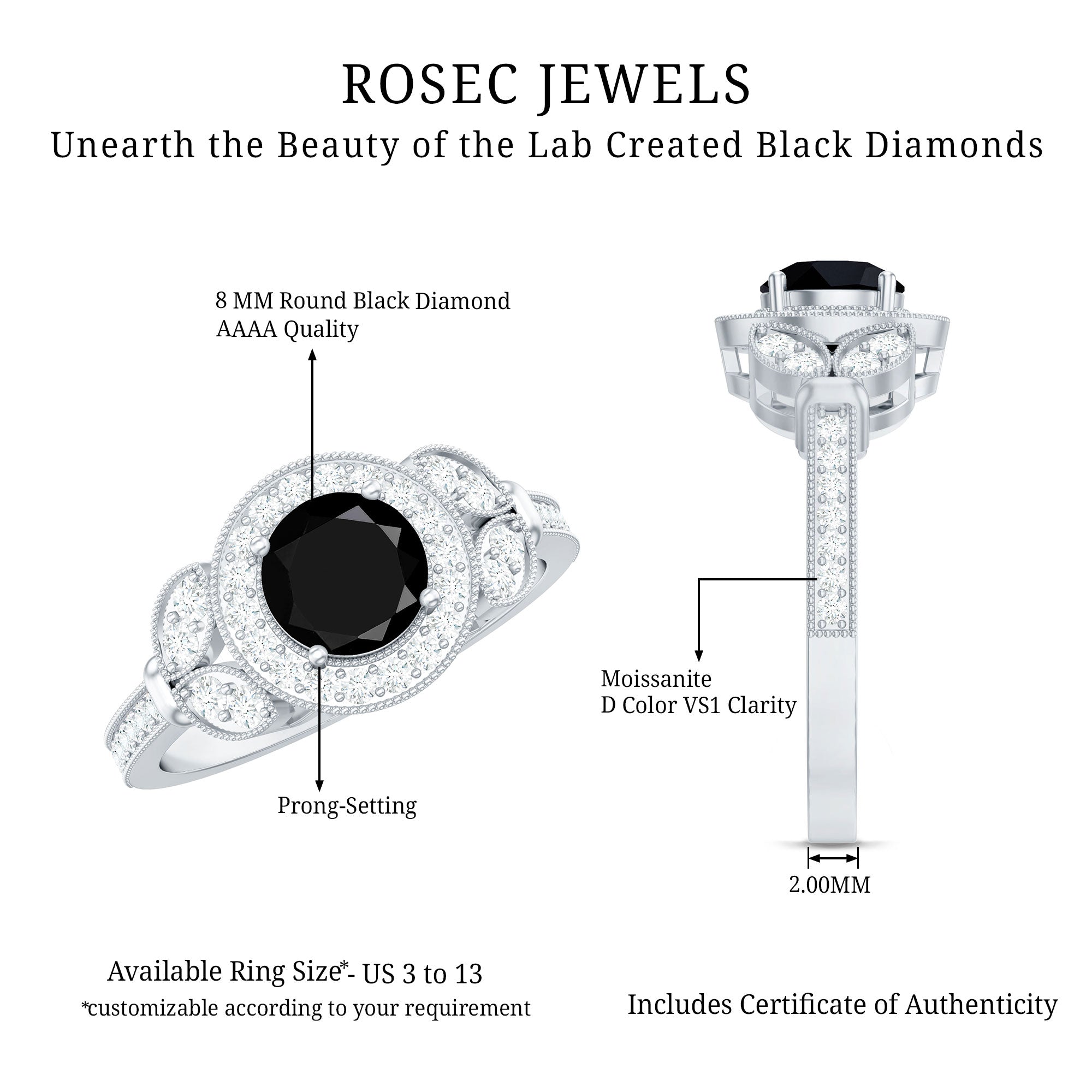 Vintage Style 2 Carat Lab Grown Black Diamond Engagement Ring with Moissanite AAAA ( Synthetic ) - Rosec Jewels