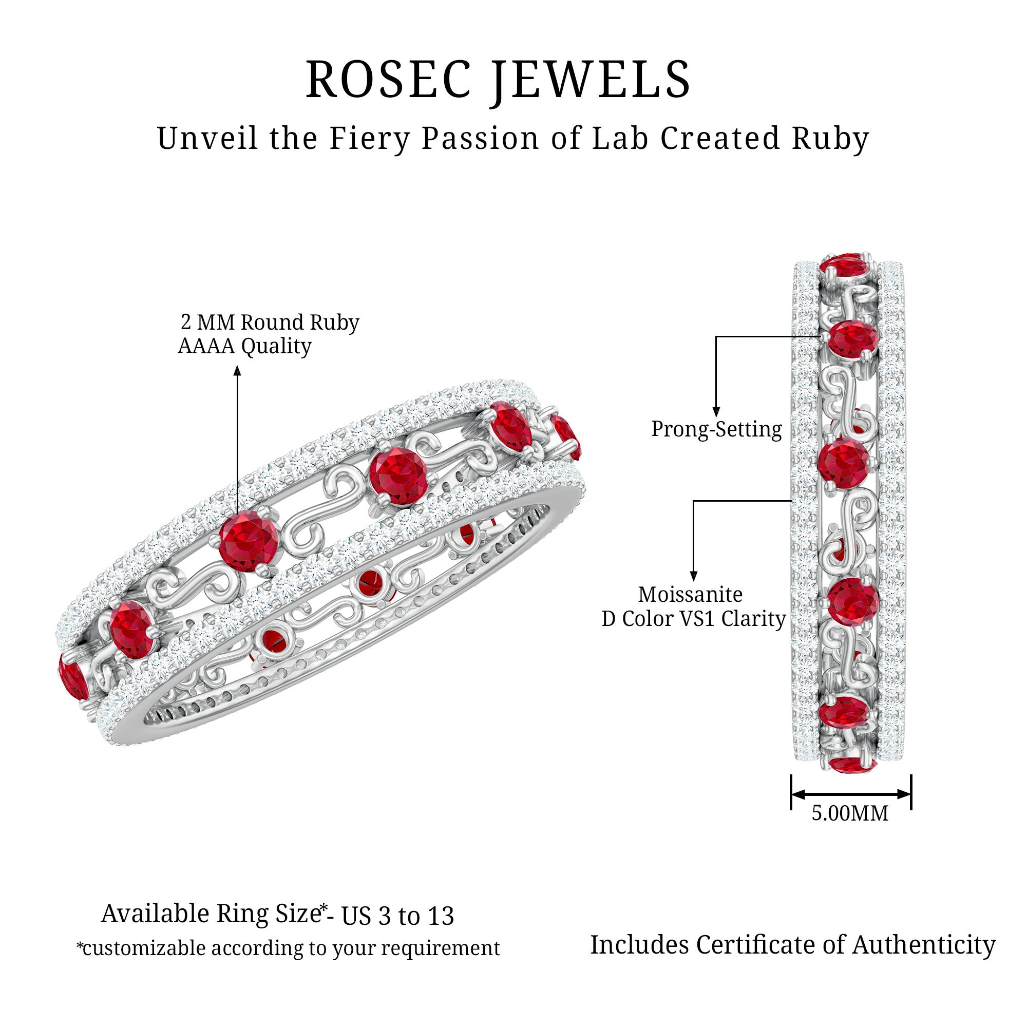 Classic Lab Created Ruby and Moissanite Eternity Wedding Band AAAA - Rosec Jewels