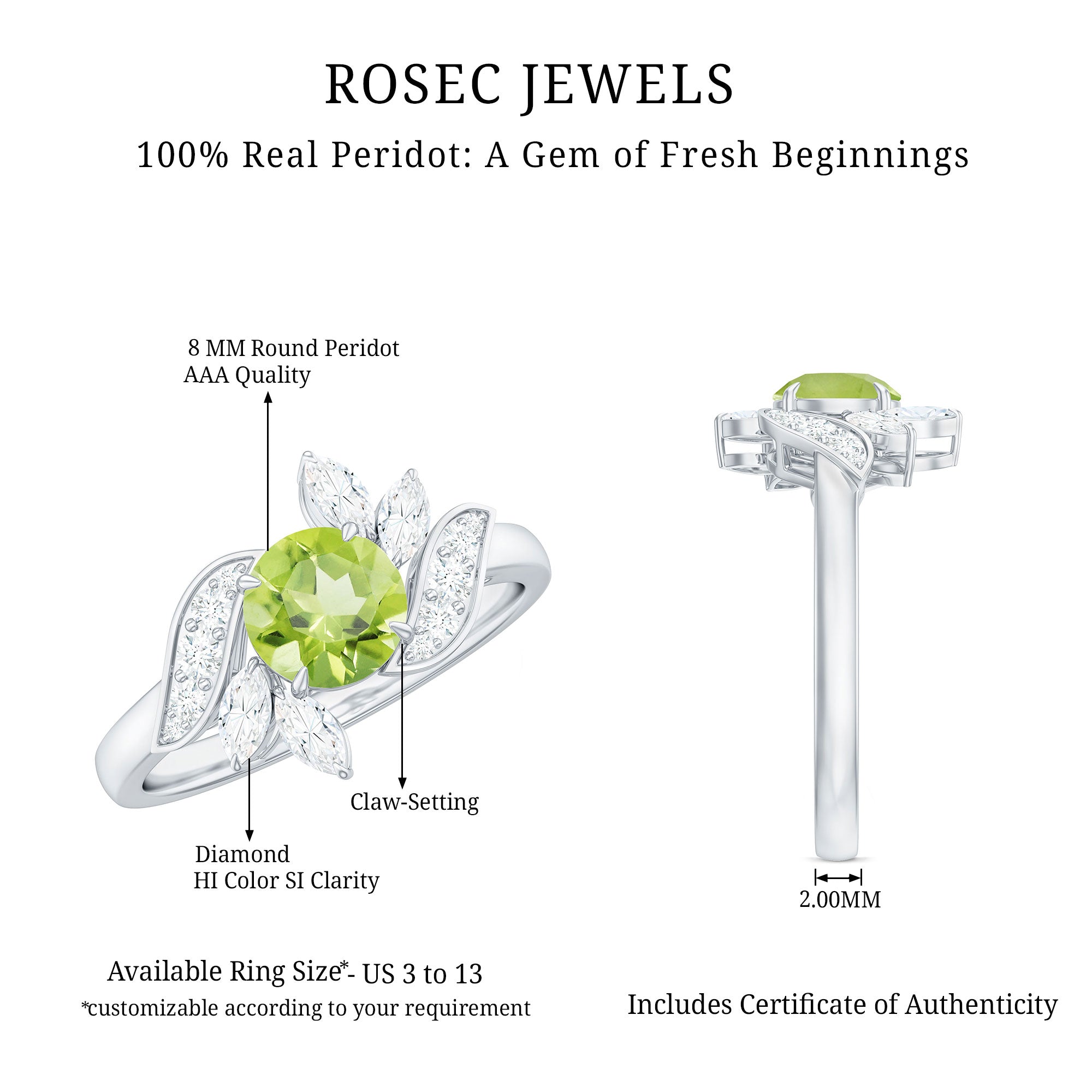 Nature Inspired 2 Carat Peridot Engagement Ring with Diamond AAA - Rosec Jewels