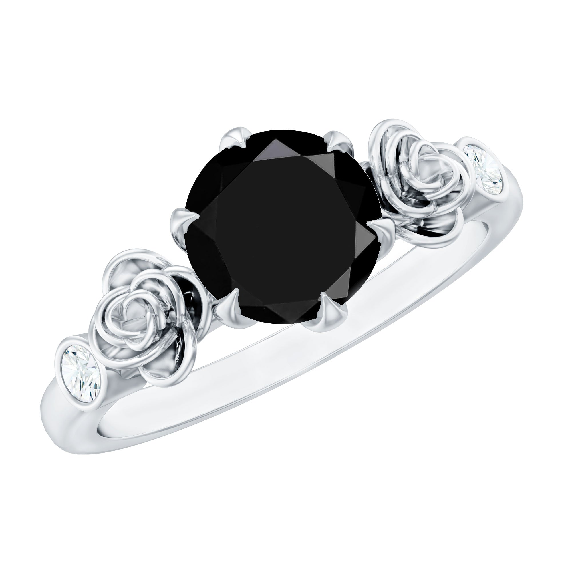 Natural Black Spinel Floral Engagement Ring with Diamond